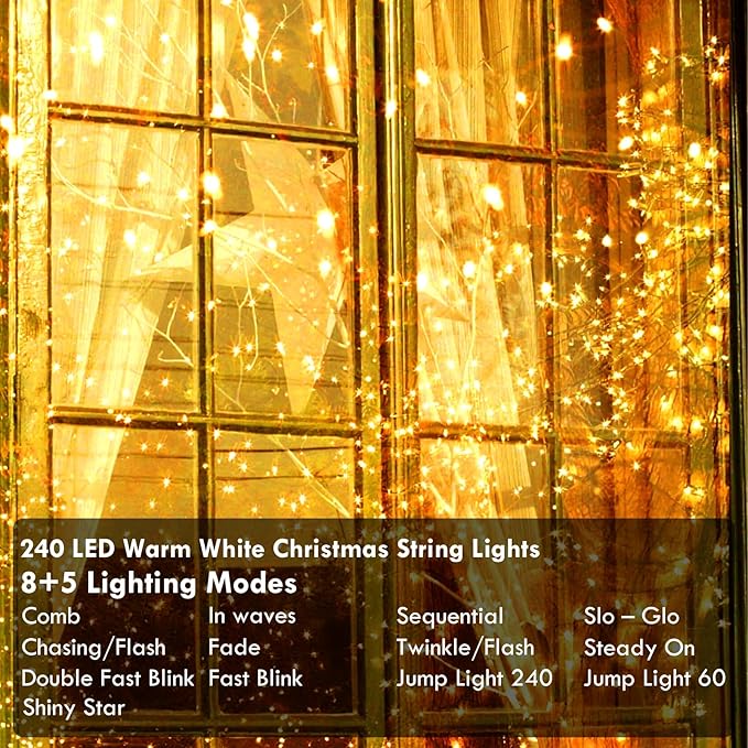 88FT Connectable String Lights 240 LED Warm White Clear Wire Fairy Lights Plug In with Timer for Bedroom Wedding Patio Decor