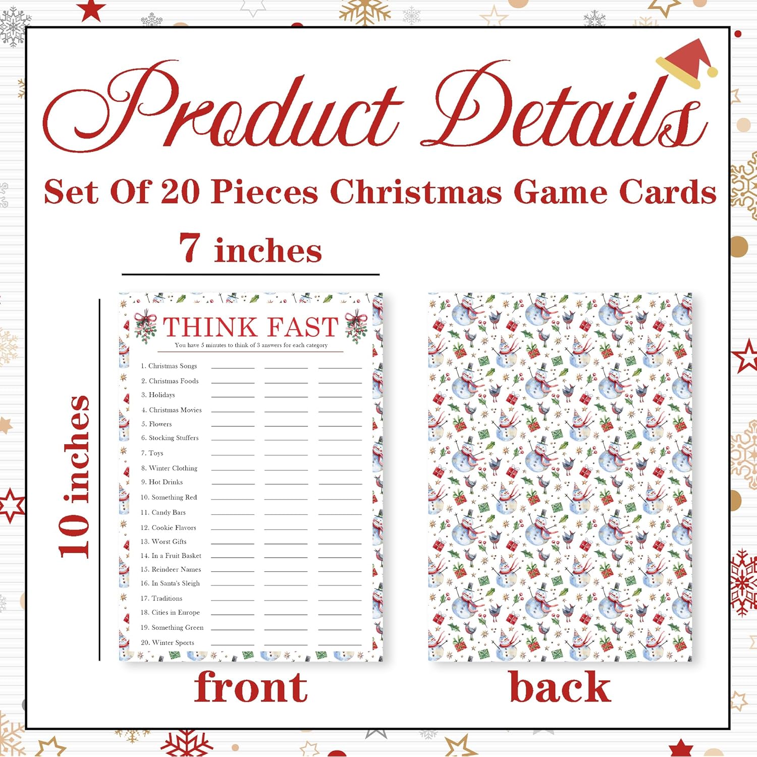 20 Pieces Christmas Game Cards - Think Fast - 7 X 10" Holiday Party Game Activity Set For Adult Office Annual Festive Events Xmas Party Favor And Decorations (Snowman)- A04