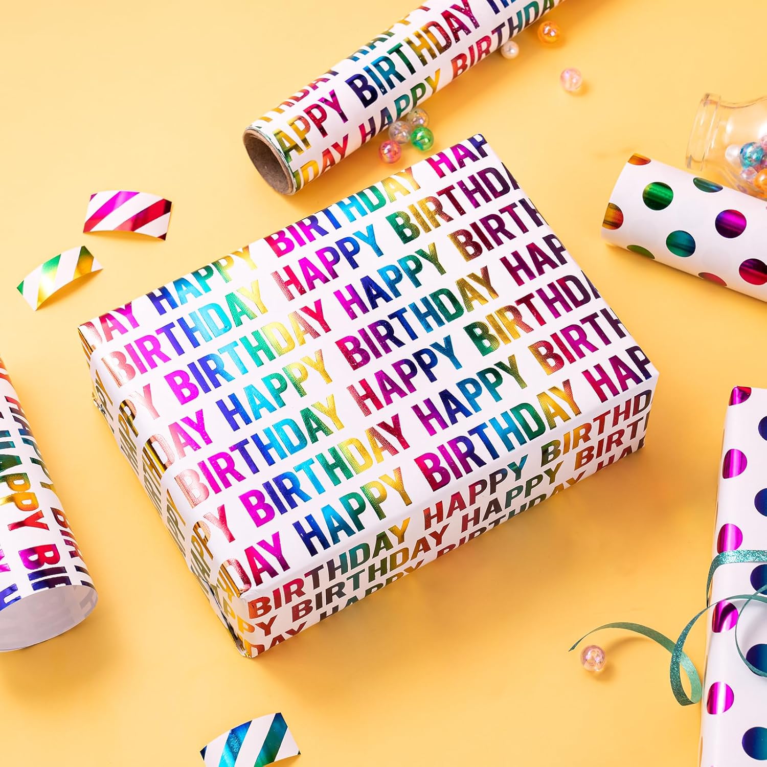 30 Inch Birthday Wrapping Paper Roll - Colorful Foil Happy Bday Design For Birthday, Wedding, Baby Shower - 4 Rolls - 30 Inch X 120 Inch Per Roll