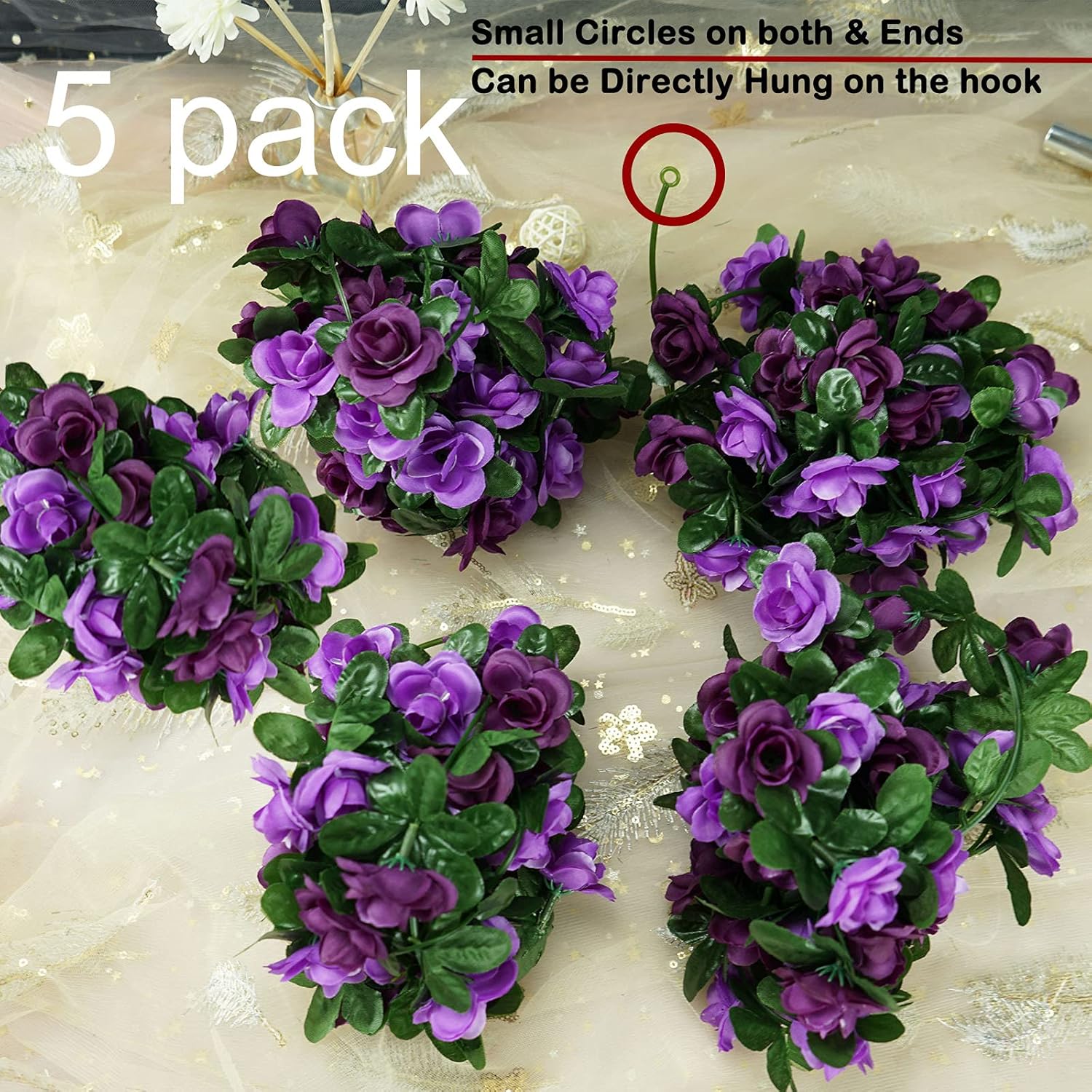 Purple Rose Vines 5 Pcs 41 Ft Fake Flowers Plants Artificial Flower Hanging Rose Ivy Home Hotel Wedding Party Garden Art Decor Garden Craft Arrangement Decoration