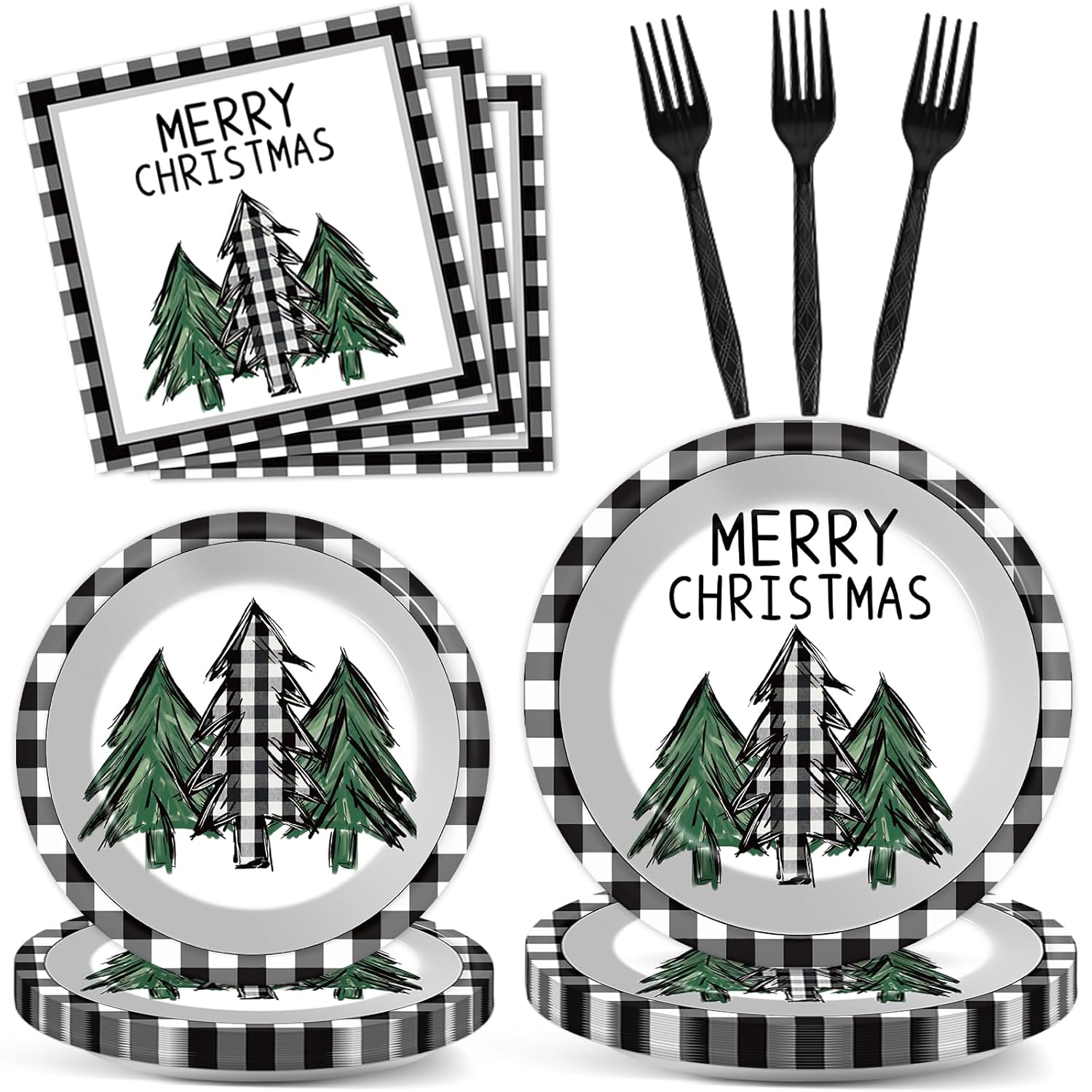 100Pcs Christmas Paper Plates And Napkins Buffalo Plaid Xmas Party Decoration Disposable Merry Christmas Tree Themed Tableware Dinnerware Set For Holiday Xmas Winter Party Supplies Serve 25