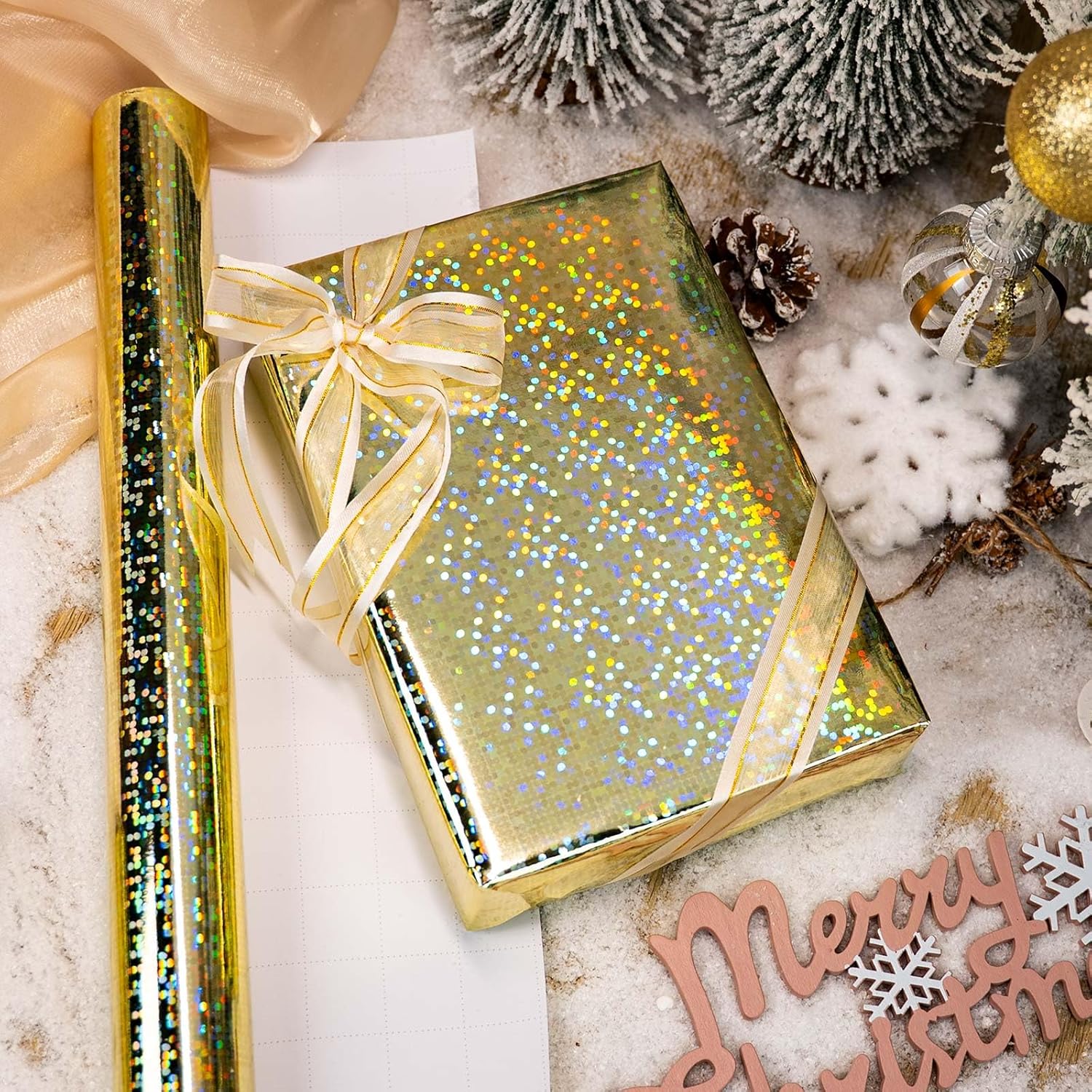 17 In X 32.8 Ft (46.5 Sq.Ft.) Holographic Wrapping Paper Roll, Gold Dots Gift Wrap For Wedding, Birthday, Christmas, Bridal Shower, Valentine'S Day, Baby Shower, Graduation, Disco Party