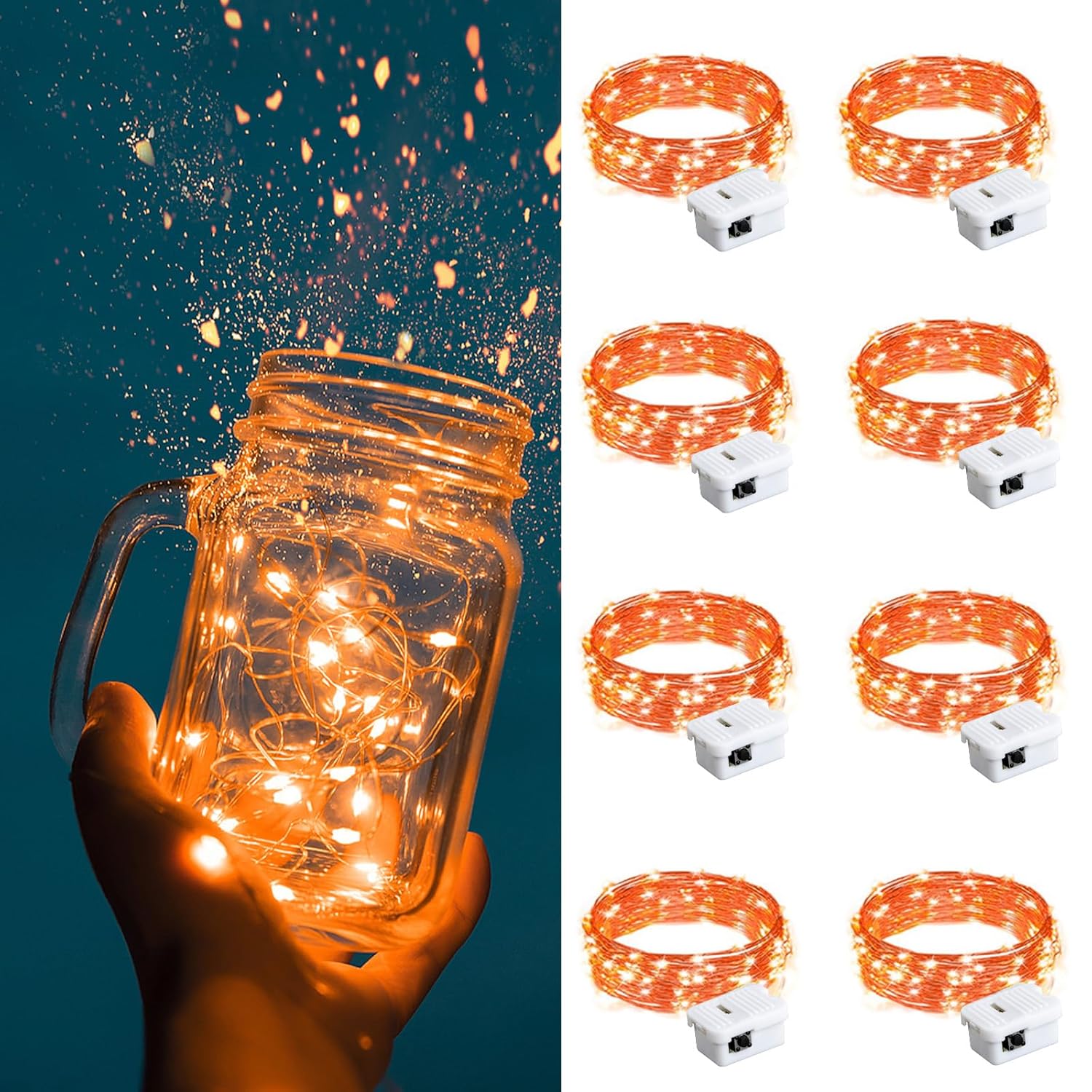 Fairy Lights Battery Operated, 8 Pack Orange Twinkle String Lights 20 Led 7Ft Waterproof For Bedroom Decor, Halloween, C