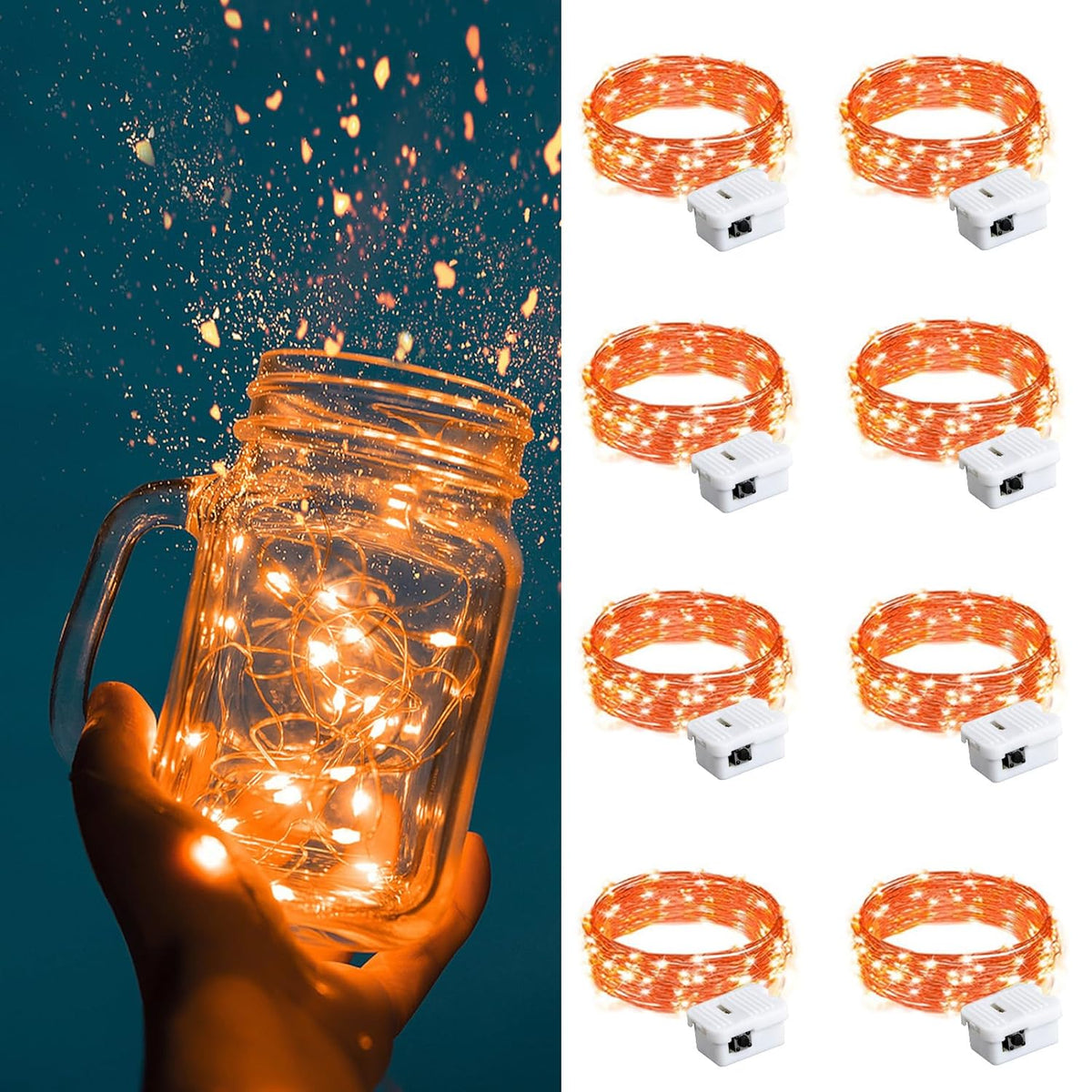 Fairy Lights Battery Operated, 8 Pack Orange Twinkle String Lights 20 Led 7Ft Waterproof For Bedroom Decor, Halloween, C