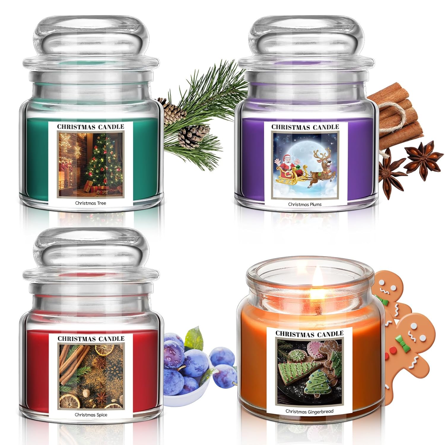 4 Pcs Christmas Candle Set Scented Candles Gift 9.5 Oz For Women Men, Xmas Scents Of Christmas Tree Cookies Spice Plums