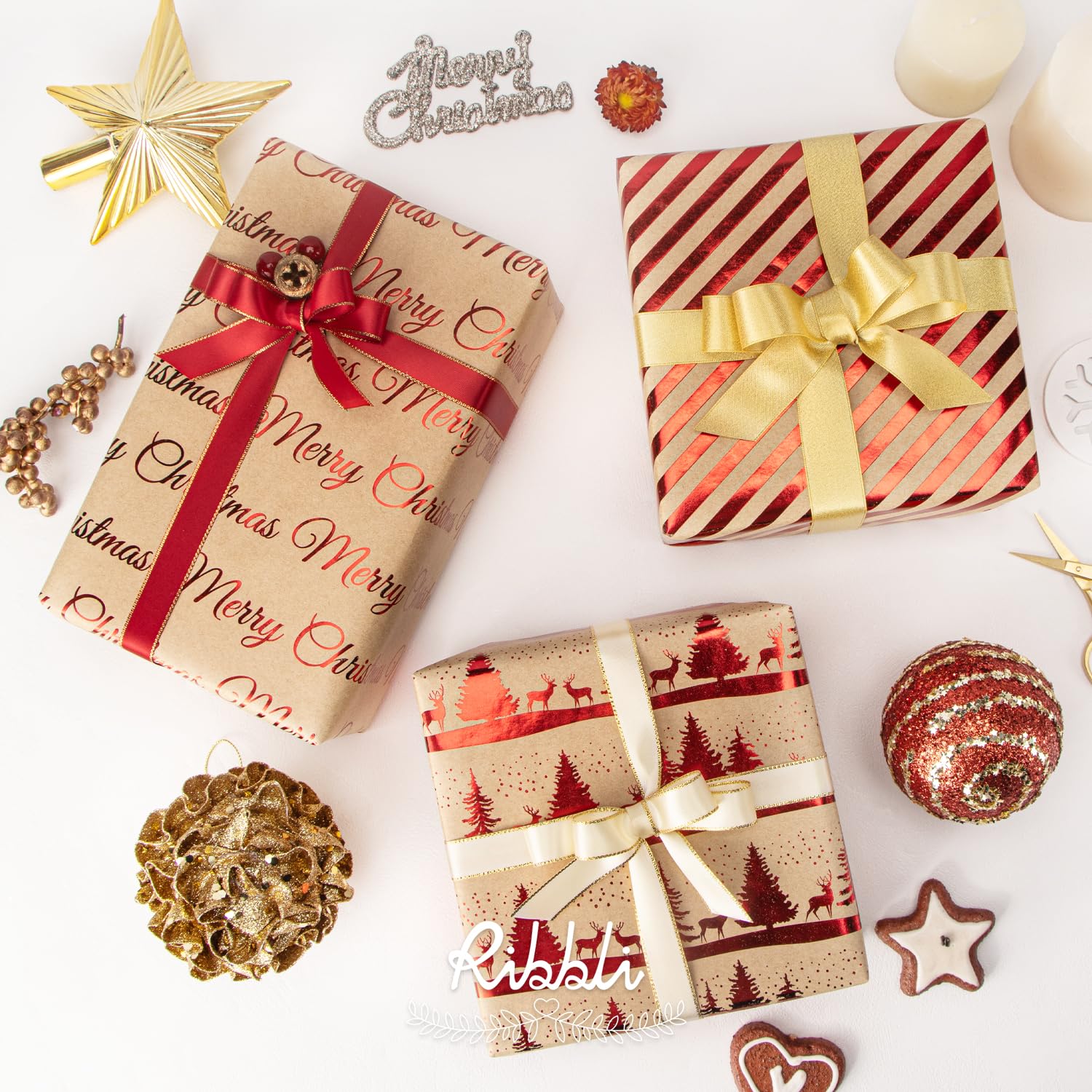 3 Rolls Christmas With Red Foil Kraft Wrapping Paper Rolls,Mini Roll-17 Inch X 10 Feet Per Roll