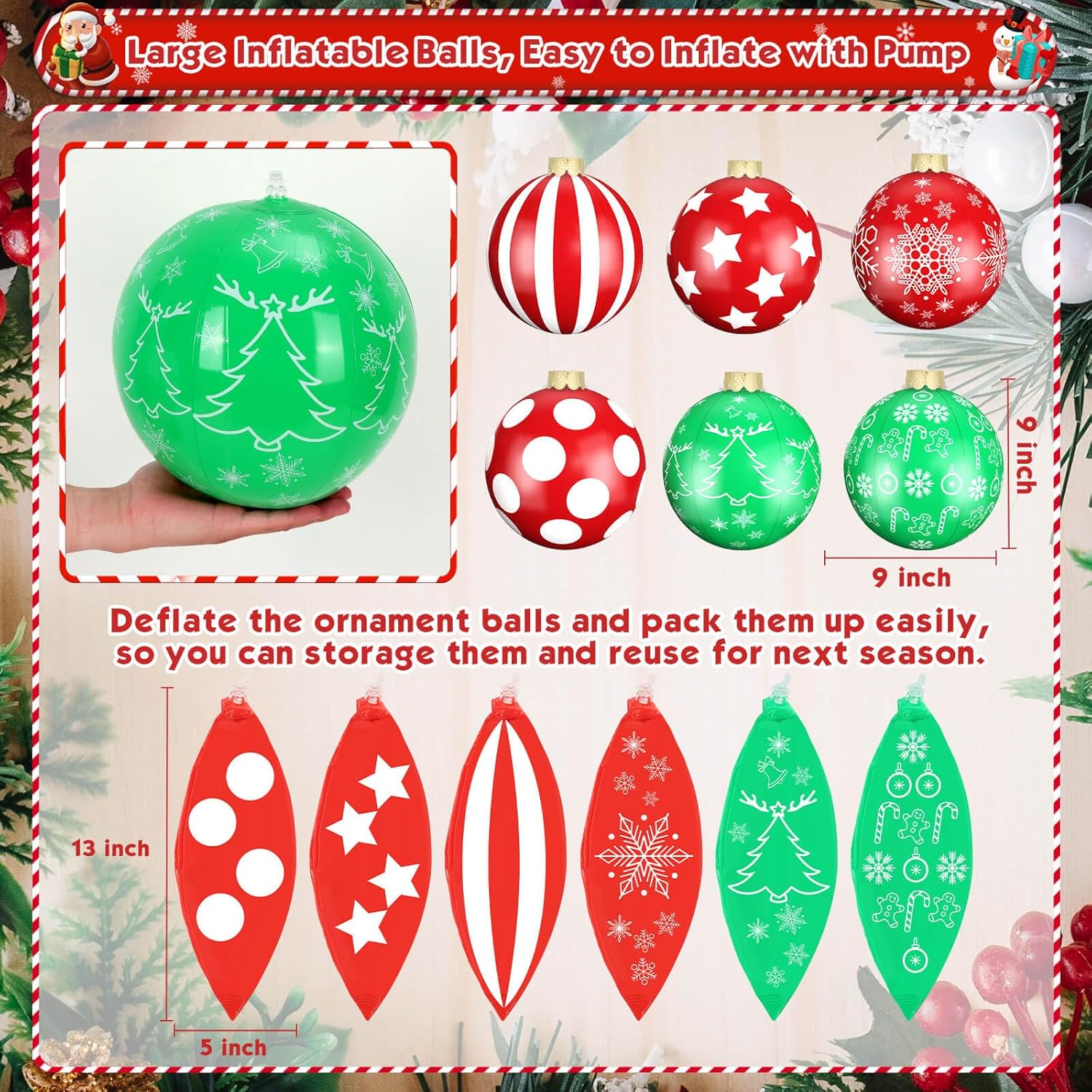 12 Pack Large Christmas Balls, 9 Inch Inflatable Christmas Ornaments For Outdoor Decoration, Big Christmas Ornaments Bal