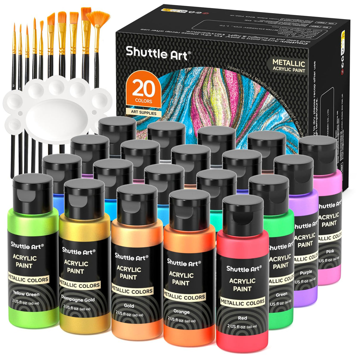 Metallic Acrylic Paint Set, 20 Colors Metallic Paint In Bottles (60Ml, 2Oz) With 10 Brushes And 1 Palette, Rich Pigments, Non-Toxic For Artists, Beginners On Rocks Crafts Canvaswood Fabric