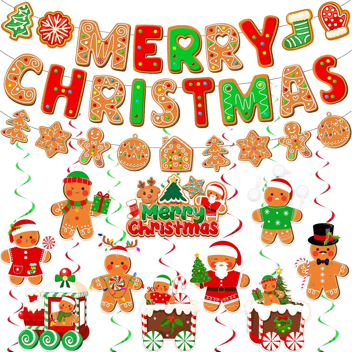 Gingerbread Christmas Decorations - Includes Banner, Hanging Decorations & Garland