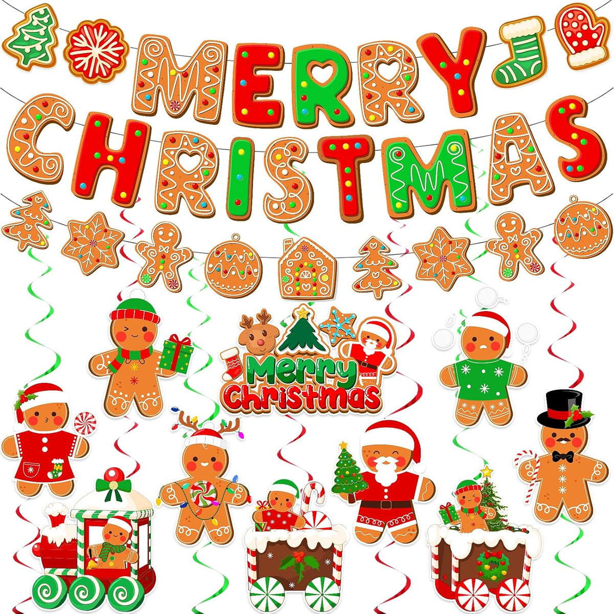 Gingerbread Christmas Decorations - Includes Banner, Hanging Decorations & Garland