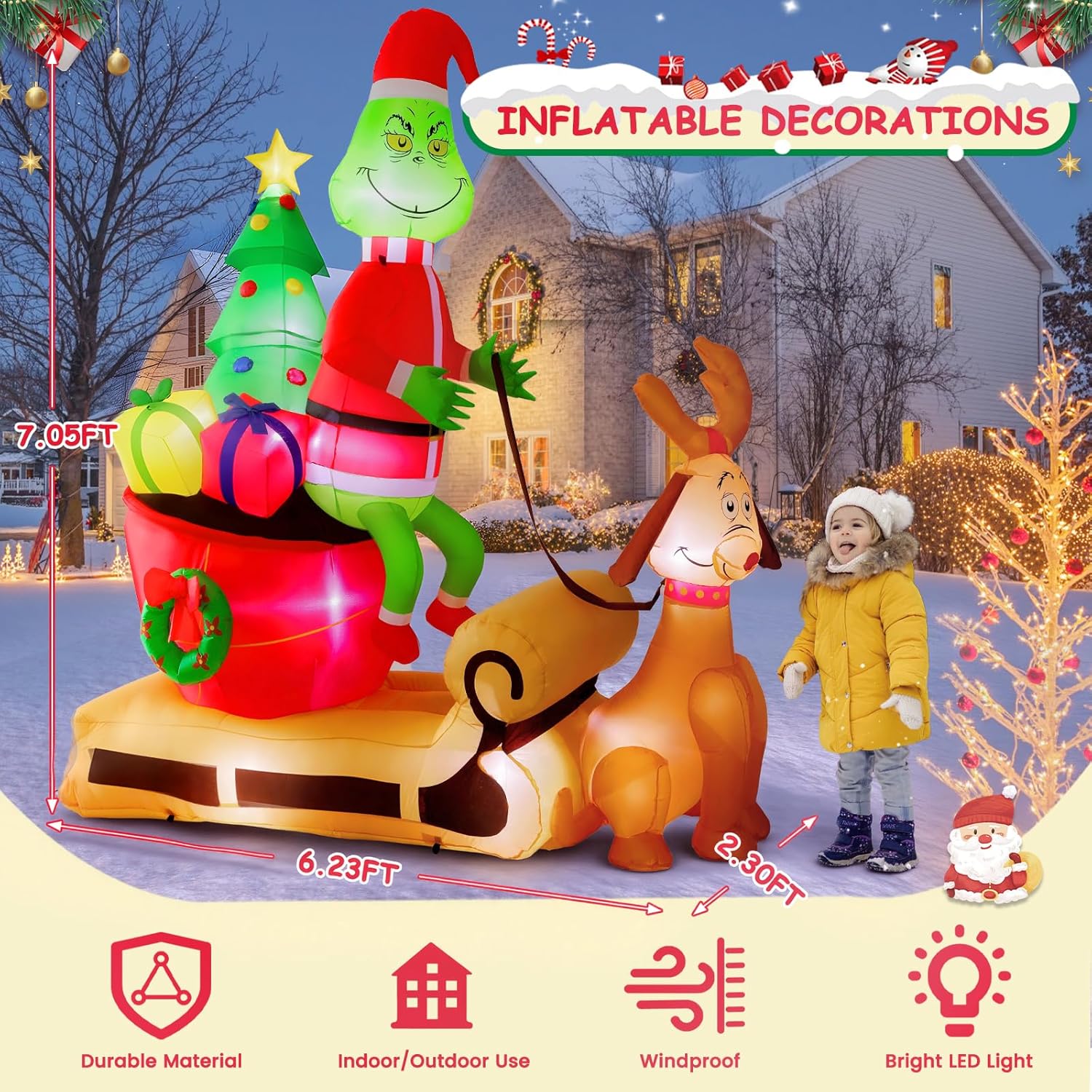 6.8Ft Christmas Inflatables Outdoor Decorations,Inflatable Green Monster Yard Decorations With Led Lights For Indoor Out