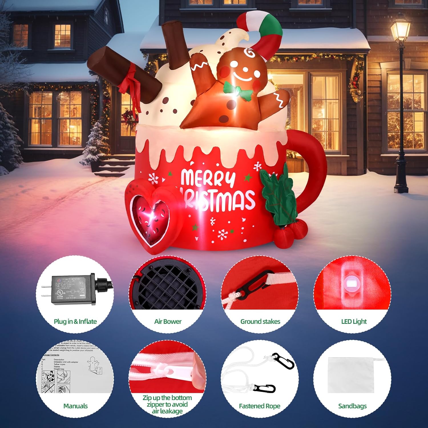 6.5 Ft Christmas Inflatables Outdoor Decorations, Gingerbread Christmas Inflatable Hot Cocoa Mug With Built-In Leds Blow