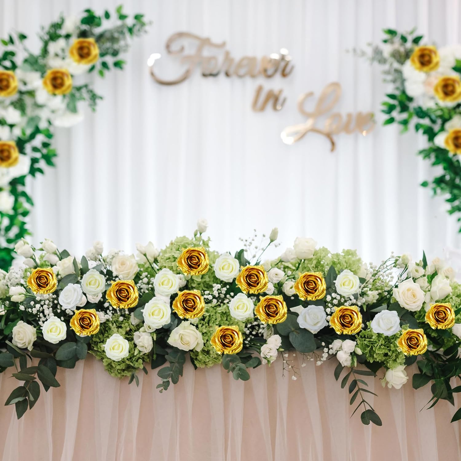 10 Pcs Gold Rose Artificial Flower, Faux Silk Flowers With Long Stems, Fake Roses Bulk Bouquet For Decoration Valentine'S Day Centerpieces Proposal Bridal Bouquets Shower Party Home Floral Decor