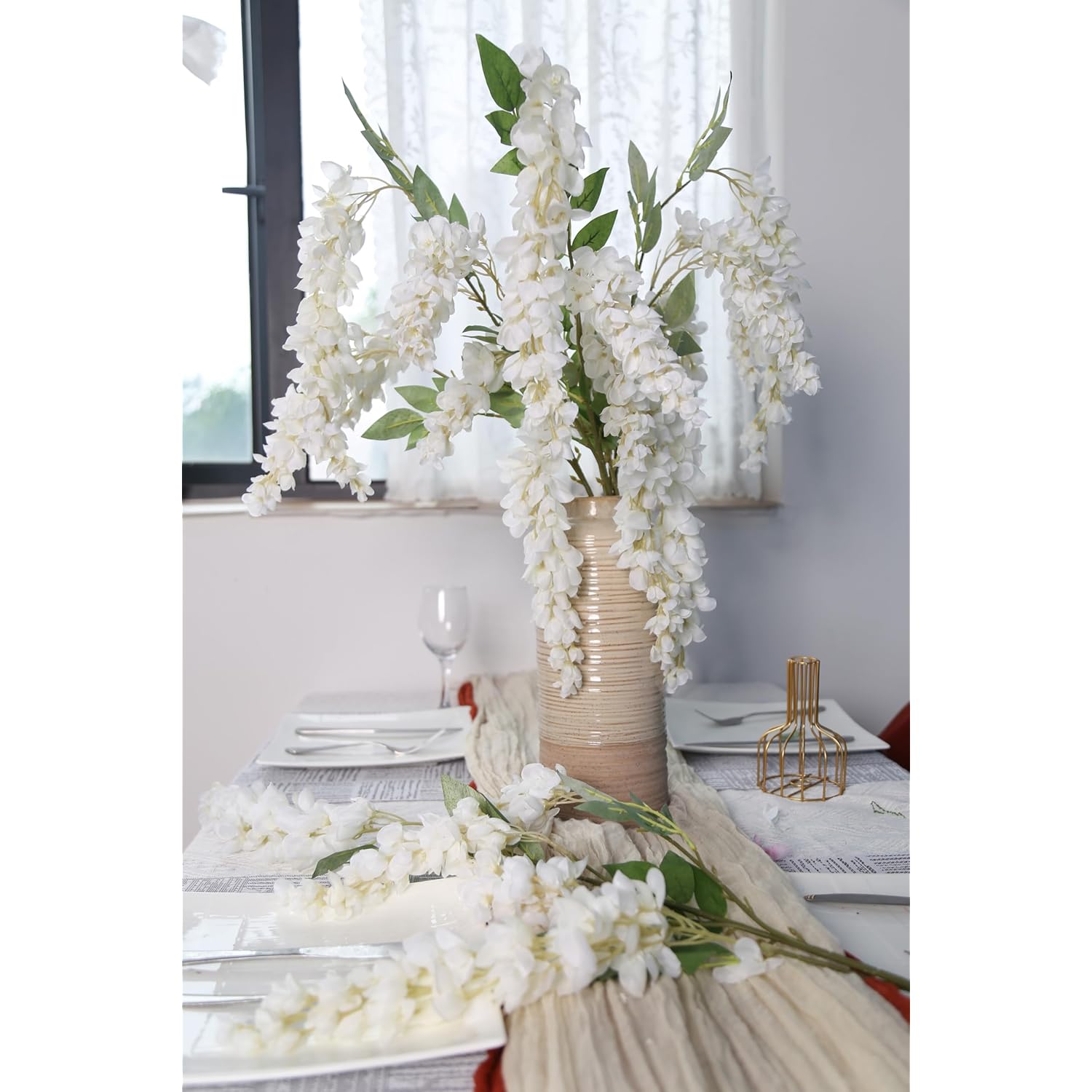 3.9Ft Wisteria Artificial Flowers, 4Pcs Wisteria Hanging Flowers, Silk White Flower With Long Stem For Tall Vase Filling Wedding Wall Backdrop Centerpieces Home Decoration (White)
