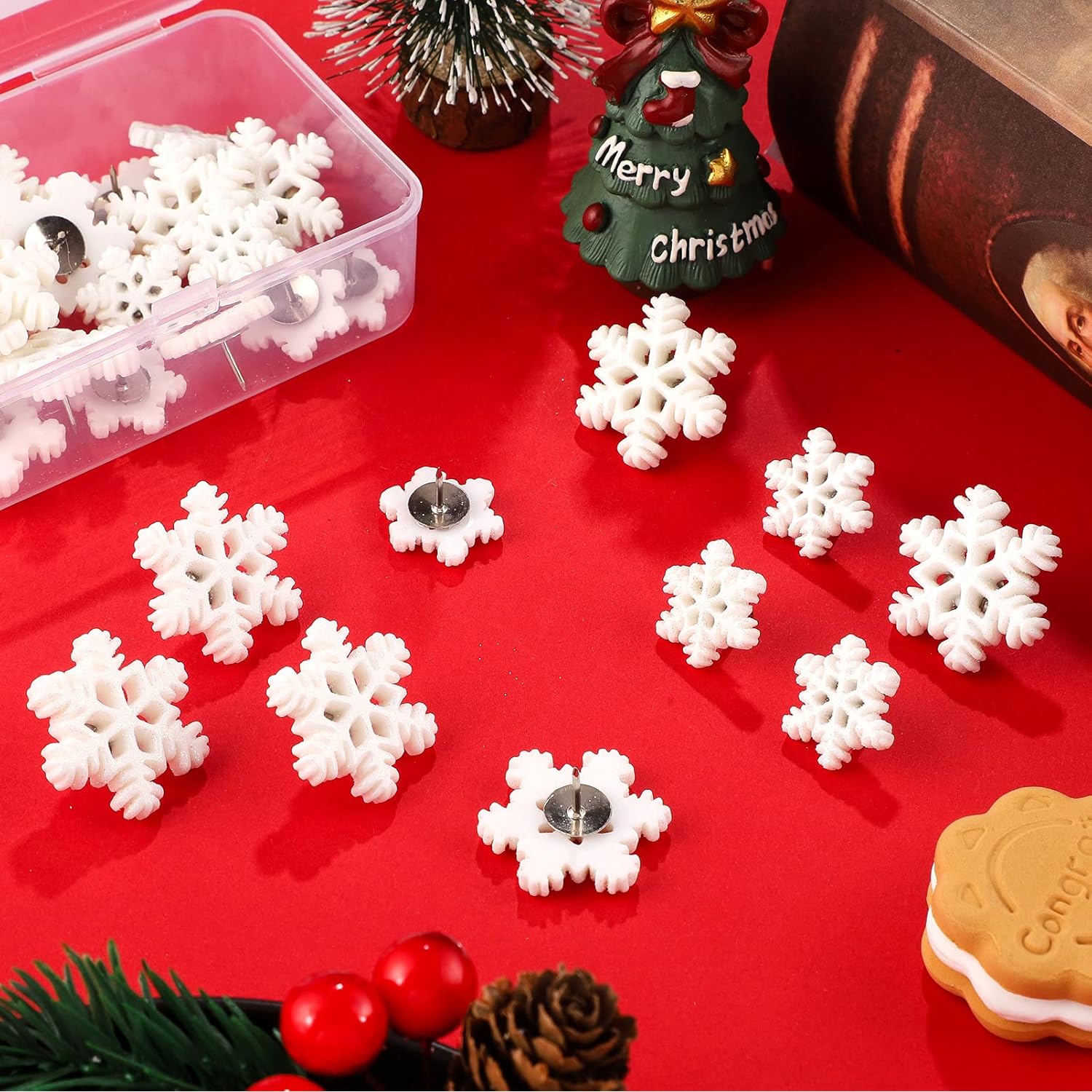 30 Pieces Christmas Snowflake Push Pins, Decorative Cork Board Tacks, 0.9 Inch Thumb Tacks For Bulletin Board, Office Home Winter Christmas Decorations(White)