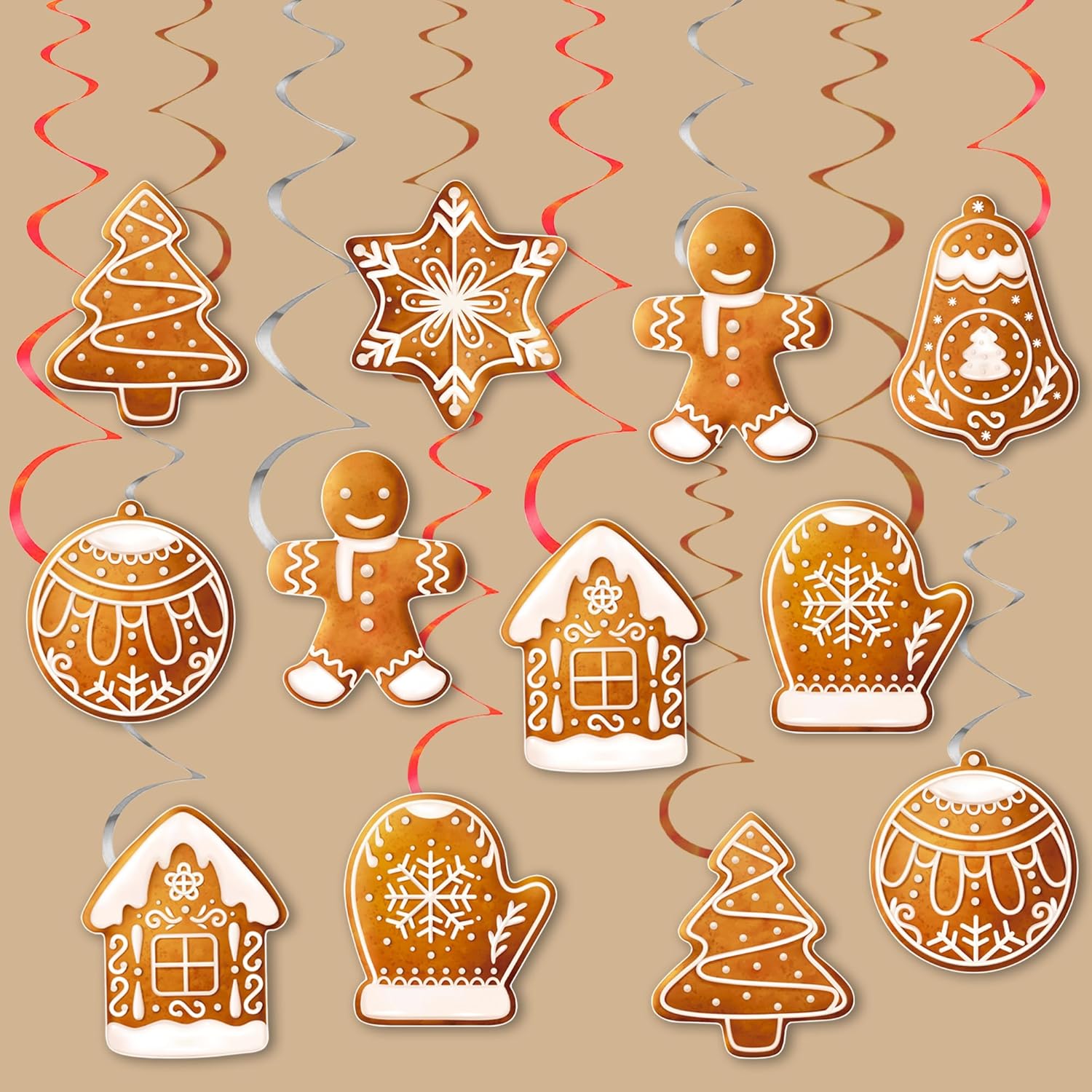 20Pcs Christmas Gingerbread Party Hanging Swirls Gingerbread Snowflake Tree Theme Ceiling Streamers Xmas Winter Hanging Decorations For Christmas Winter Holiday Party Supplies
