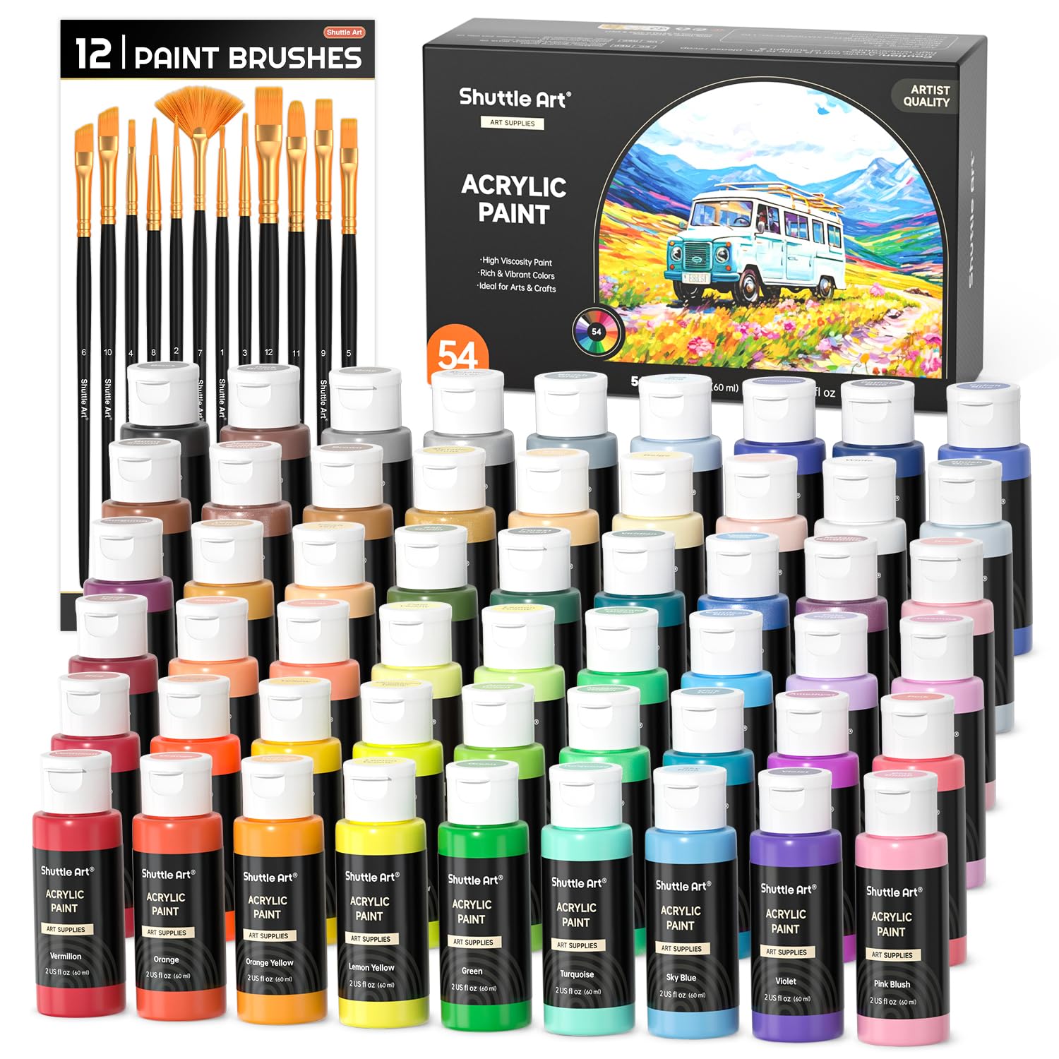54 Colors Acrylic Paint, Acrylic Paint Set With 12 Paint Brushes, 2Oz/60Ml Bottles, Rich Pigmented, Water Proof, Premium Paints For Artists, Beginners And Kids On Canvas Rocks Wood Ceramic