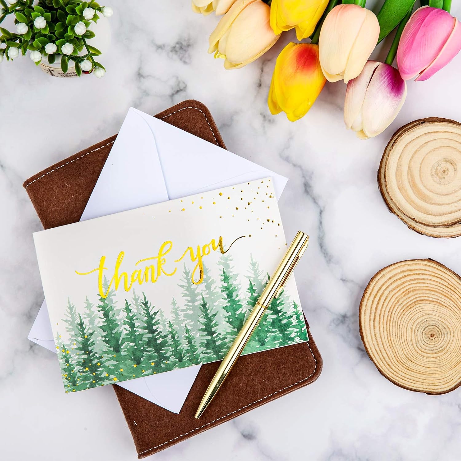 32 Pack Christmas Forest Thank You Cards With Envelopes & Stickers Green Woodland Watercolor Blank Gift Card Xmas Holiday Cards For Wedding Baby Shower Birthday, 4 X 6 Inch