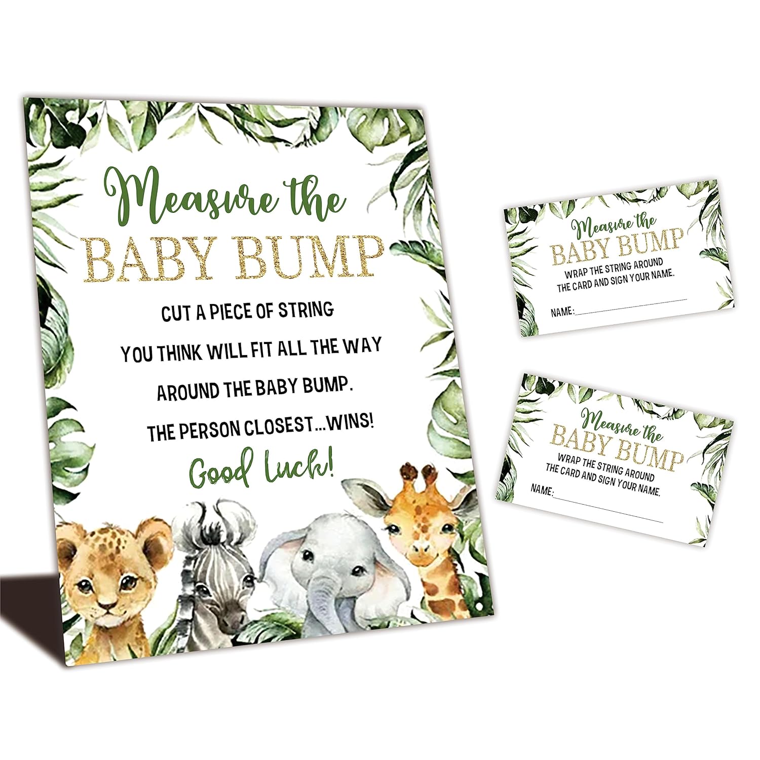 Baby Shower Games - Measure The Baby Bump Set - Greenery Floral Safari Theme How Big Is Mommy'S Belly - 1 Standing Sign & 50 Tickets - Gender Reveal Party Decorations & Supplies -Dwlk-A02