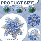 12 Pcs White And Blue Poinsettia Artificial Flowers Christmas With Clips Stems Chinoiserie Ornaments Xmas Tree Ornaments For Xmas Wedding Party Wreath Decoration, White And Blue