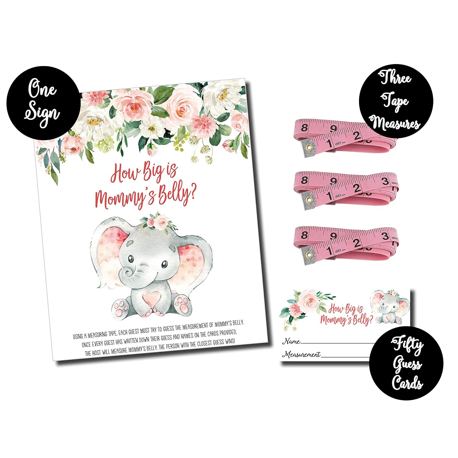How Big Is Mommy'S Belly - Pink Elephant (54 Pieces) Fun, Easy Girl Baby Shower Game, Large Self-Standing Game Sign, Jungle, Safari, Greenery, Boho
