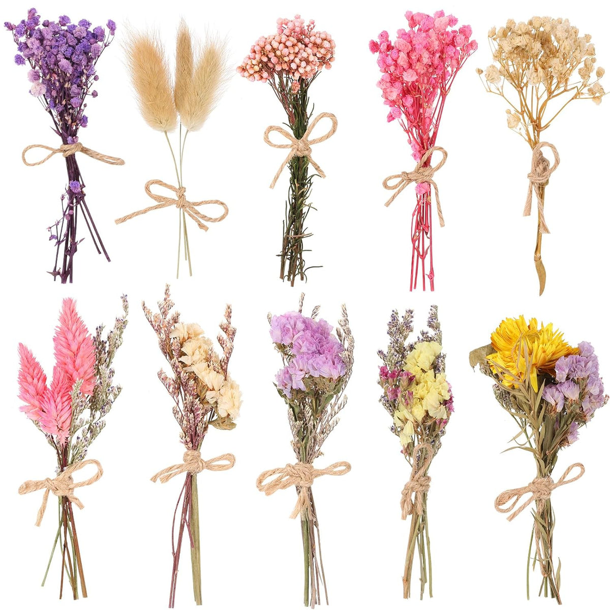 10 Pack Dried Flower Bouquets Various Dried Flower Combinations With Stem Mini Dried Embossing Natural Flower Bundles Artificial Flower Dried Floral Arrangement For Vase Diy Wedding Decor