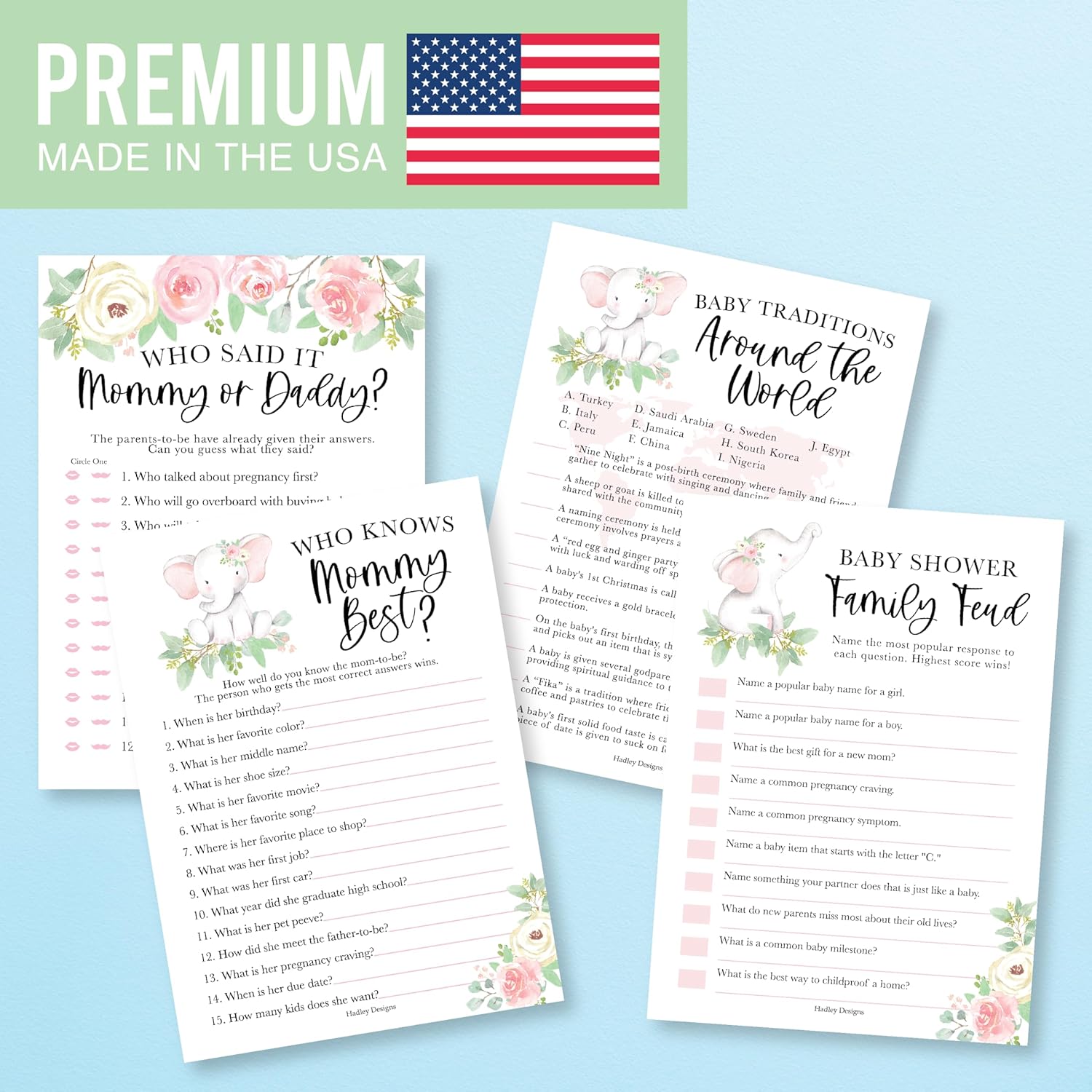40 Elephant Baby Shower Games For Girl-Who Knows Mommy Best, Guess Who Mommy Or Daddy Baby Shower Game, Baby Games For Baby Shower Family Feud Game, Girl Baby Shower Tradition Cards