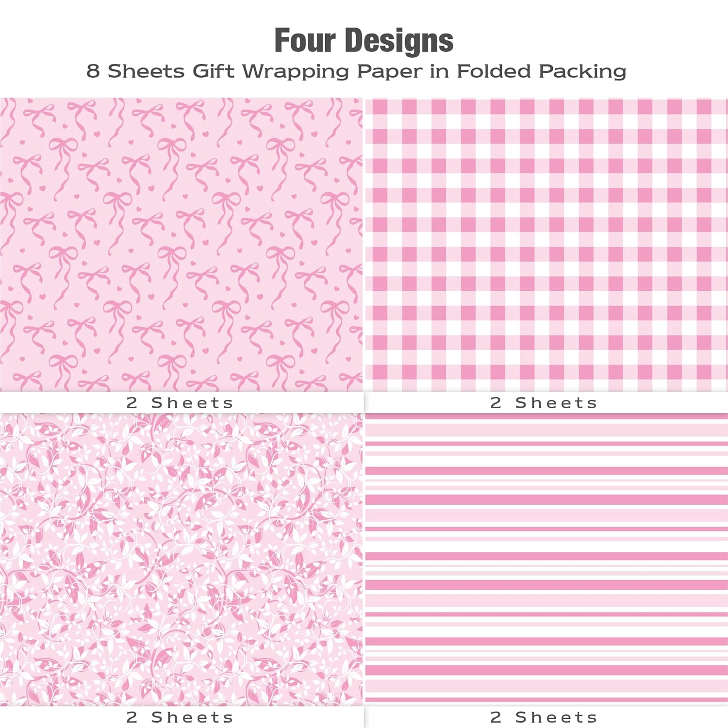 Pink Wrapping Paper Sheet - 8 Sheets Folded Flat Gift Wrap With Cute Ribbon Bow, Pink Plaid, Stripes And Leaves Design For Girl Baby Shower, Birthday, Wedding - 20 X 28 Inch Per Sheet