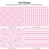 Pink Wrapping Paper Sheet - 8 Sheets Folded Flat Gift Wrap With Cute Ribbon Bow, Pink Plaid, Stripes And Leaves Design For Girl Baby Shower, Birthday, Wedding - 20 X 28 Inch Per Sheet