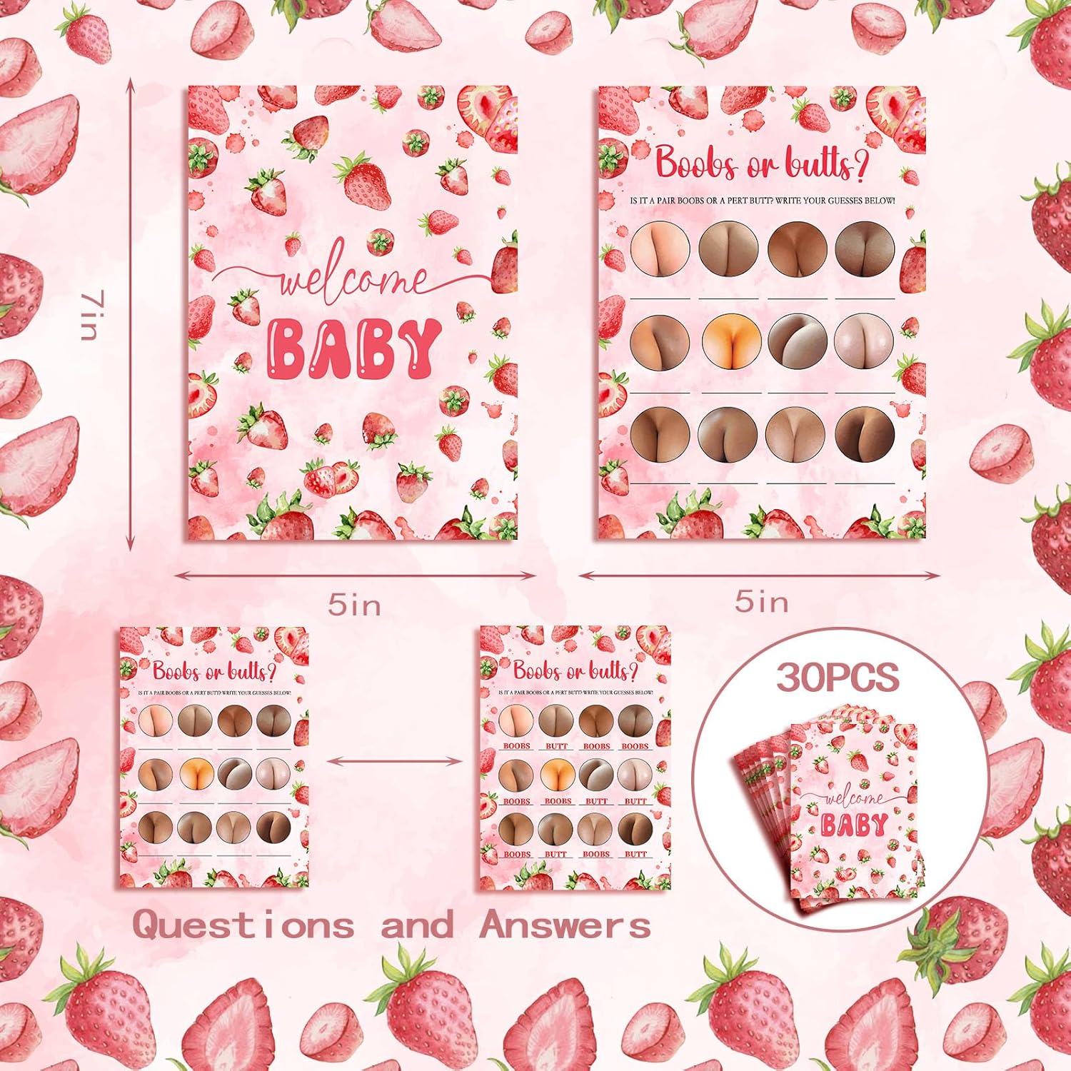 Pink Berry Sweet Baby Shower Decorations, 30Pcs Strawberry Baby Shower Games, Boobs Or Butts Baby Shower Game, Baby Shower Party Games Supplies & Activities