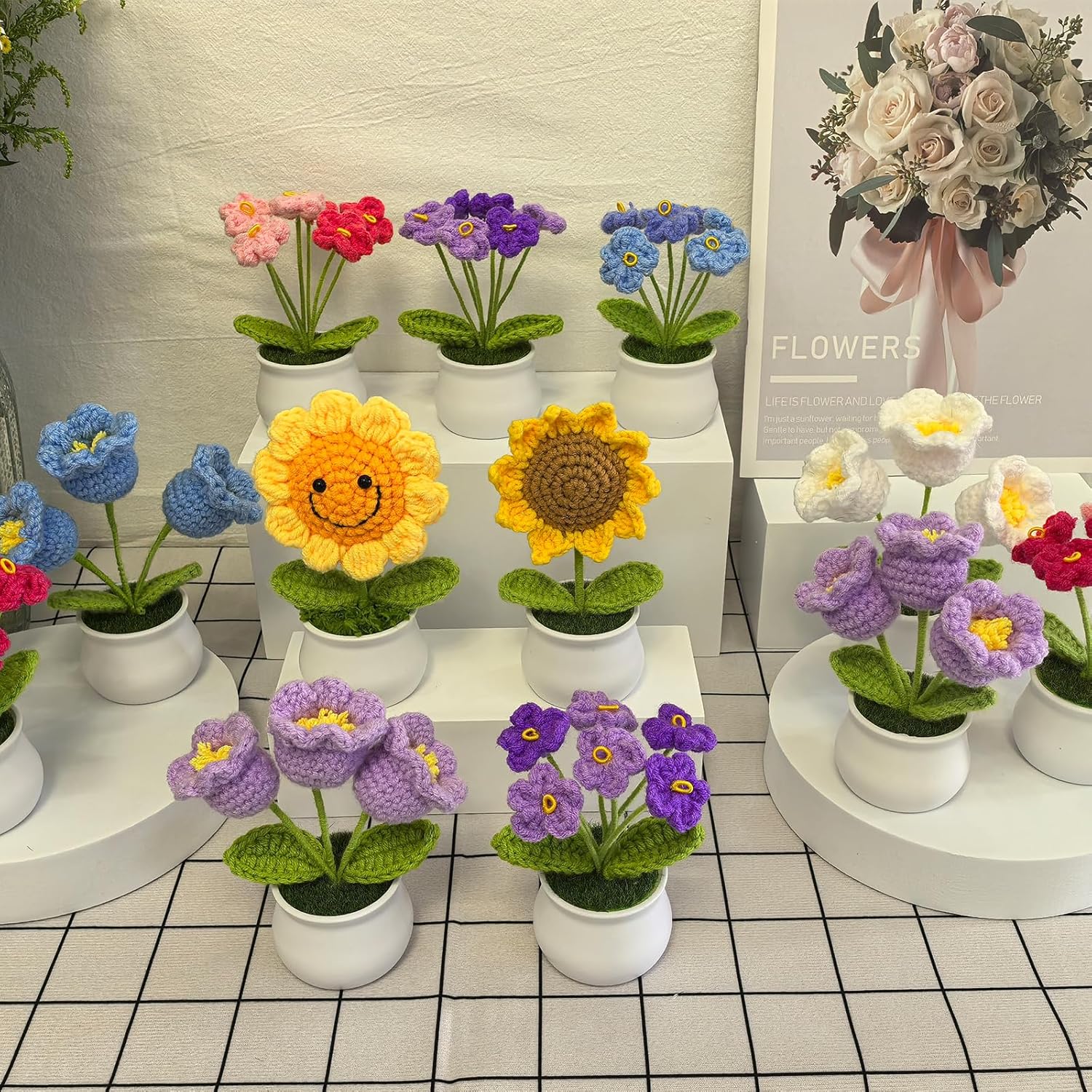 Valentines Day Gifts For Her Women Valentines Day Decorations Crochet Flowers Forget Me Not Bouquet For Desk Decor, Blue