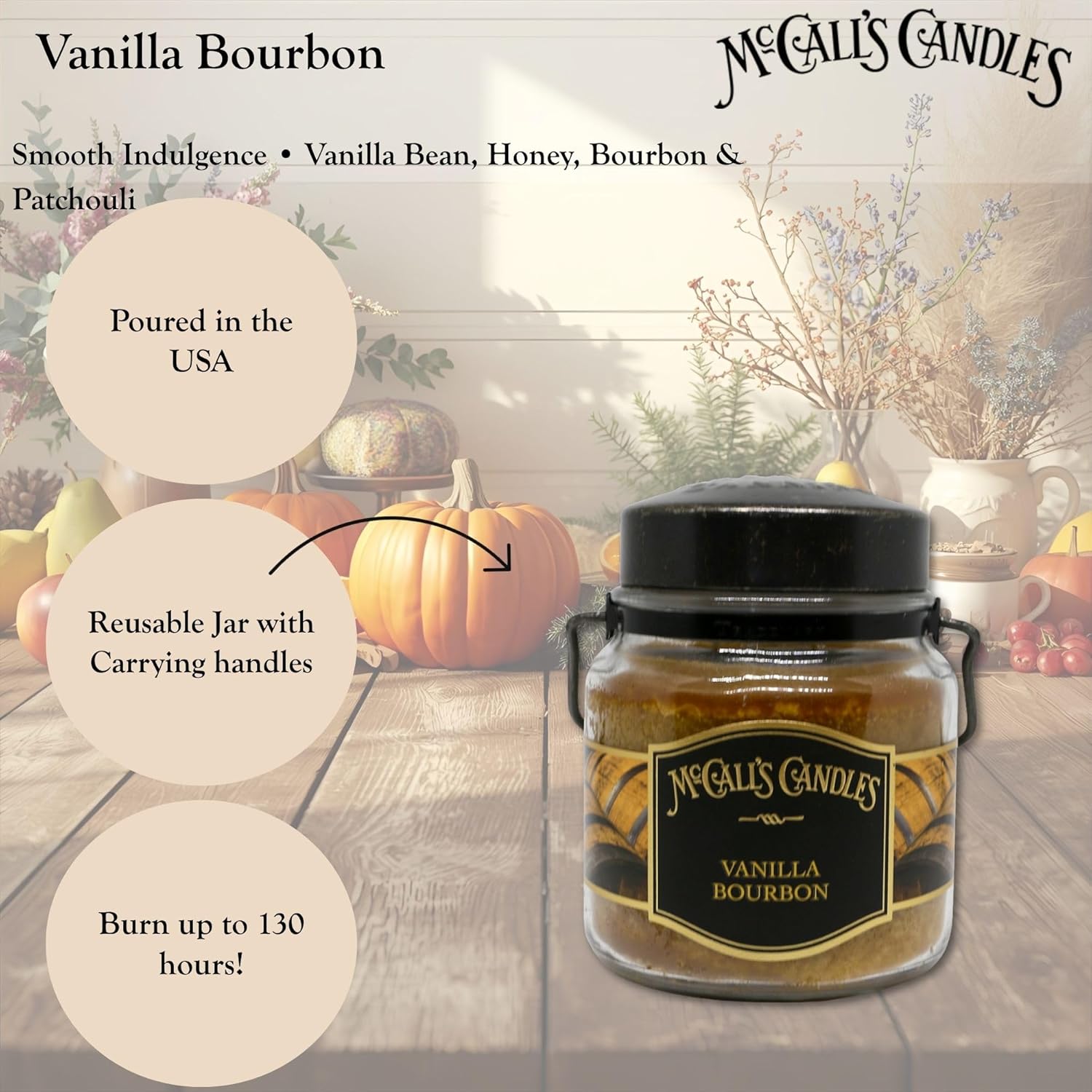 McCall’s Candles | Vanilla Bourbon | 16 oz Two-Wick Scented Candle | USA-Poured | Vintage Rustic Jar with Carrying Handle | Vanilla Bean, Bourbon & Honey Fragrance
