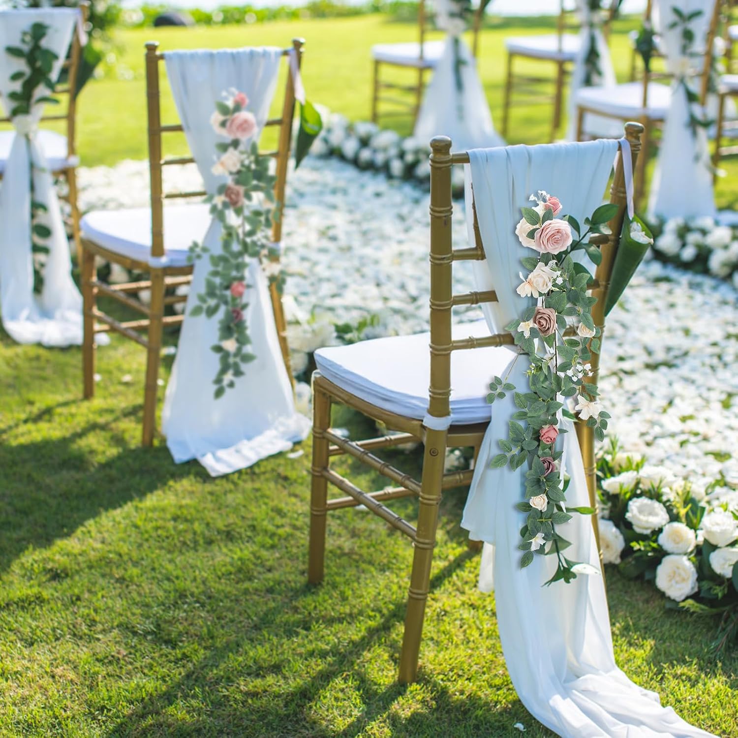 3Pcs Wedding Aisle Decorations For Wedding Ceremony Pink Aisle Pew Artificial Flowers Arrangements For Wedding Chair Decorations Reception Church Party Decor With Leaves And Ribbons