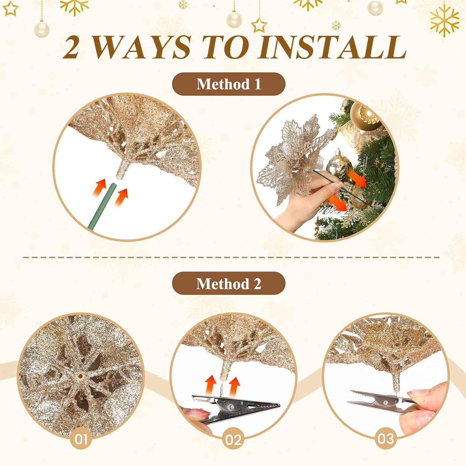 24 Pcs Christmas Tree Decorations, 12 Pcs Poinsettia Flowers Artificial+6 Pcs Glitter Holly Berry Stems+6 Berry Leaves Christmas Tree Picks For Party Wreath Fireplace, Champagne Gold