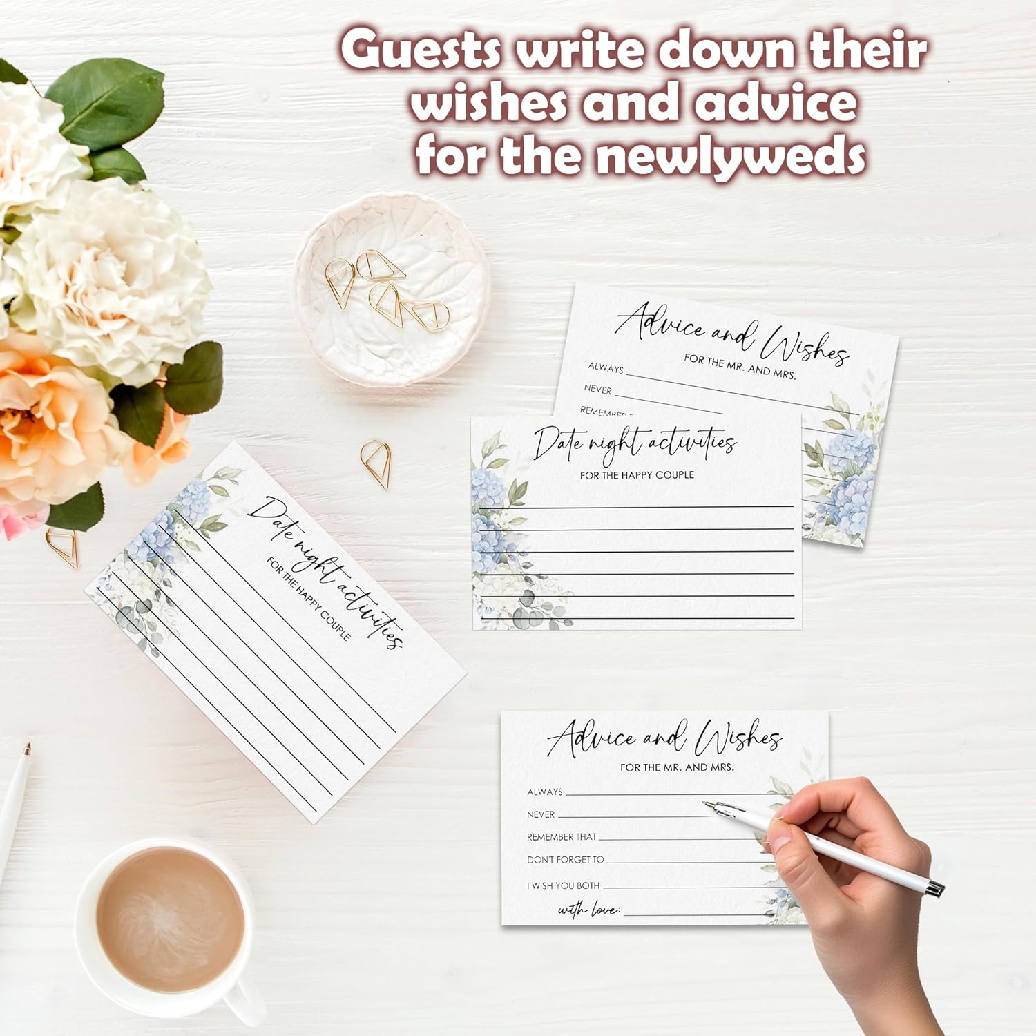 Blue Hydrangea Bridal Shower Advice Cards & Wooden Box Set - 50Pcs Advice And Wishes For The Mr And Mrs - Wedding Party Games For Reception Bridal Shower Decorations & Supplies - A02