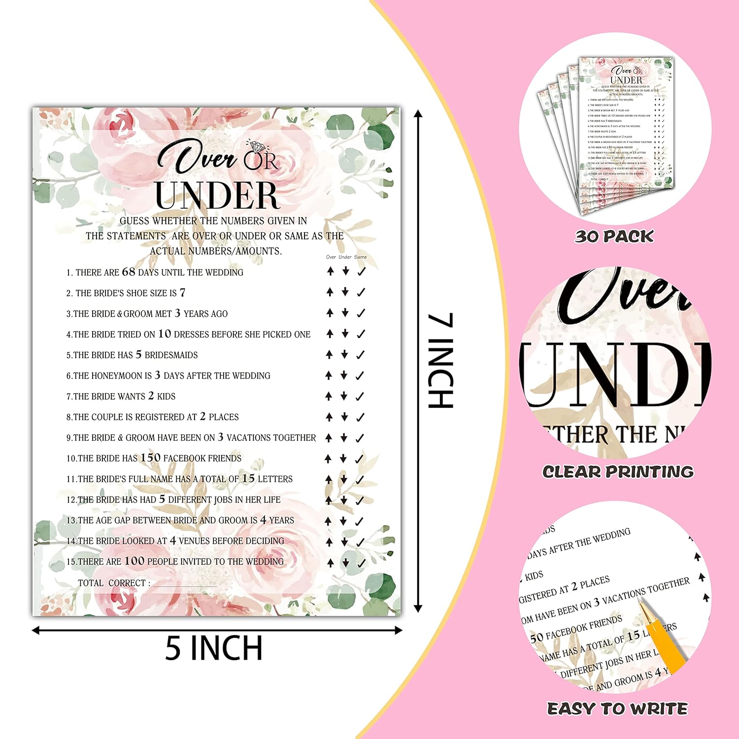 Bridal Shower Game Set - Over Or Under Party Cards For Wedding - Floral Wedding Shower Party Favor Decor - Blush Pink Engagement/Bachelorette Party Games Supplies & Activities - 30 Game Cards(C04)