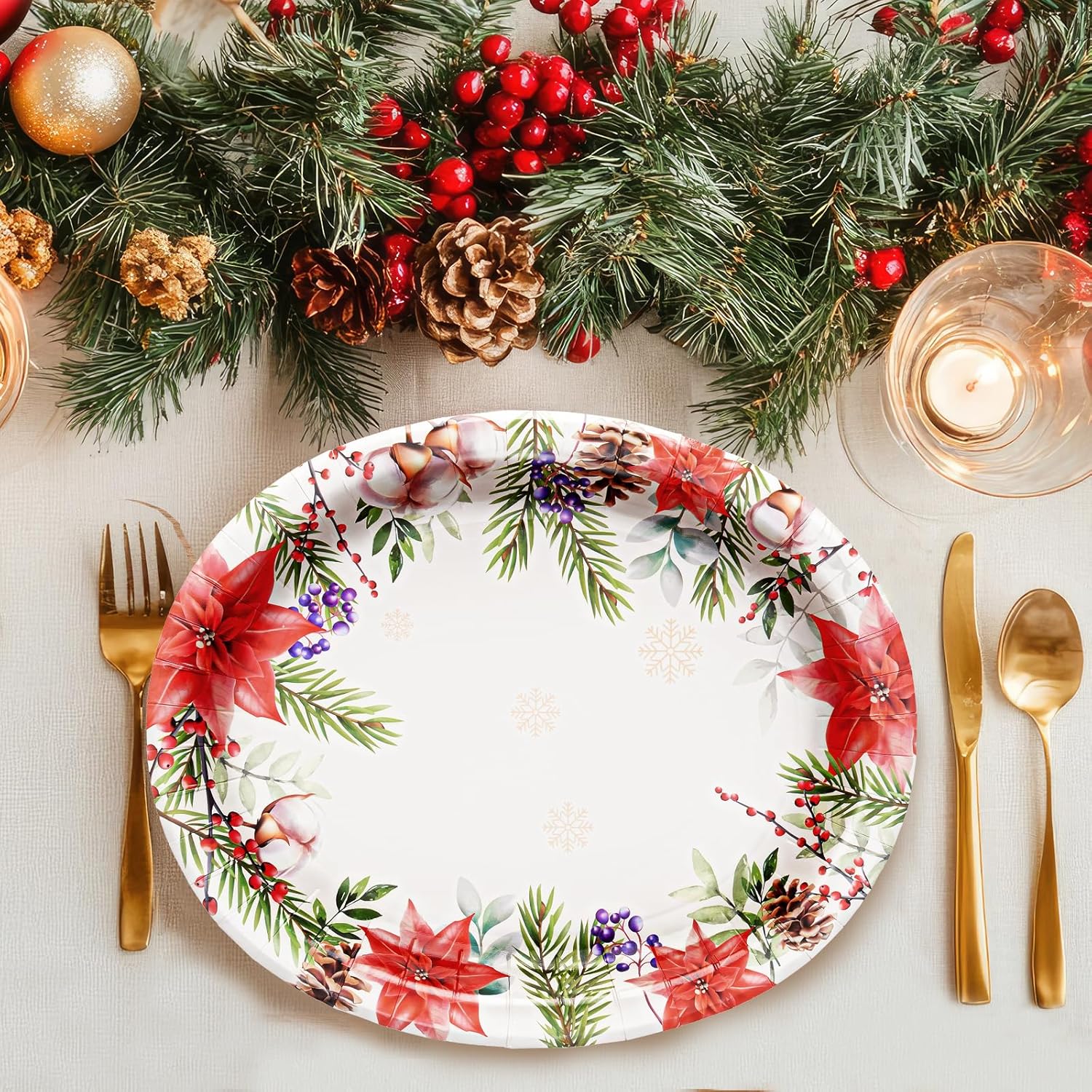 50 Count Christmas Oval Paper Plates, 10" X 12.5" Large Disposable Dinner Serving Platters, Poinsettia Design For Xmas Dinnerware Table Decorations