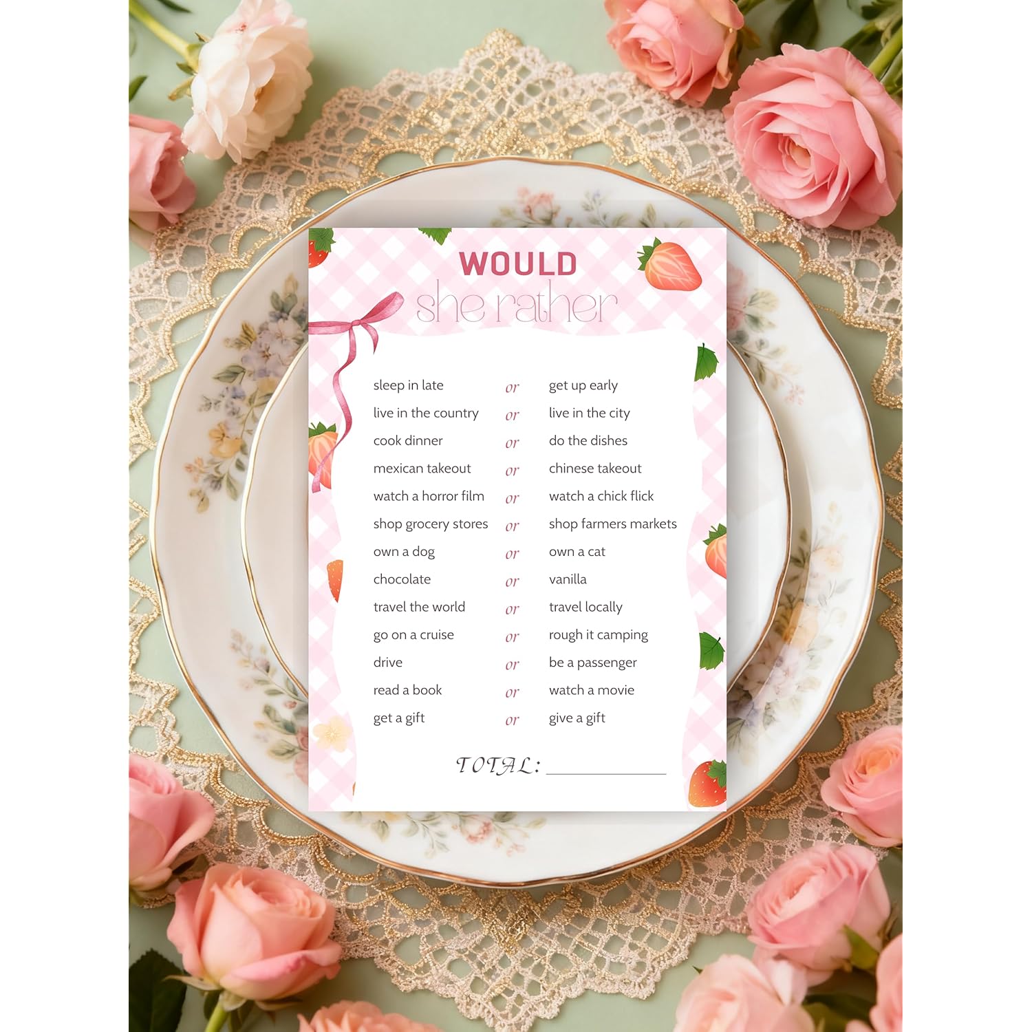 30Pcs Strawberry Baby Shower Games, Pink Gingham Berry Would She Rather Bridal Shower Game, Gender Reveal Game, Berry Sweet Baby Shower Decorations
