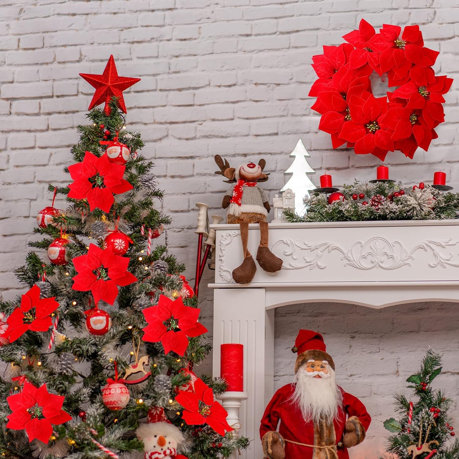 Poinsettias Artificial Christmas Flowers Decorations - 3 Pcs Big Artificial Red Poinsettia Flowers For Christmas Tree,Fake Poinsettia 7.87" With Stems 7 Heads Big Red Flowers For Home Xmas Tree Decor