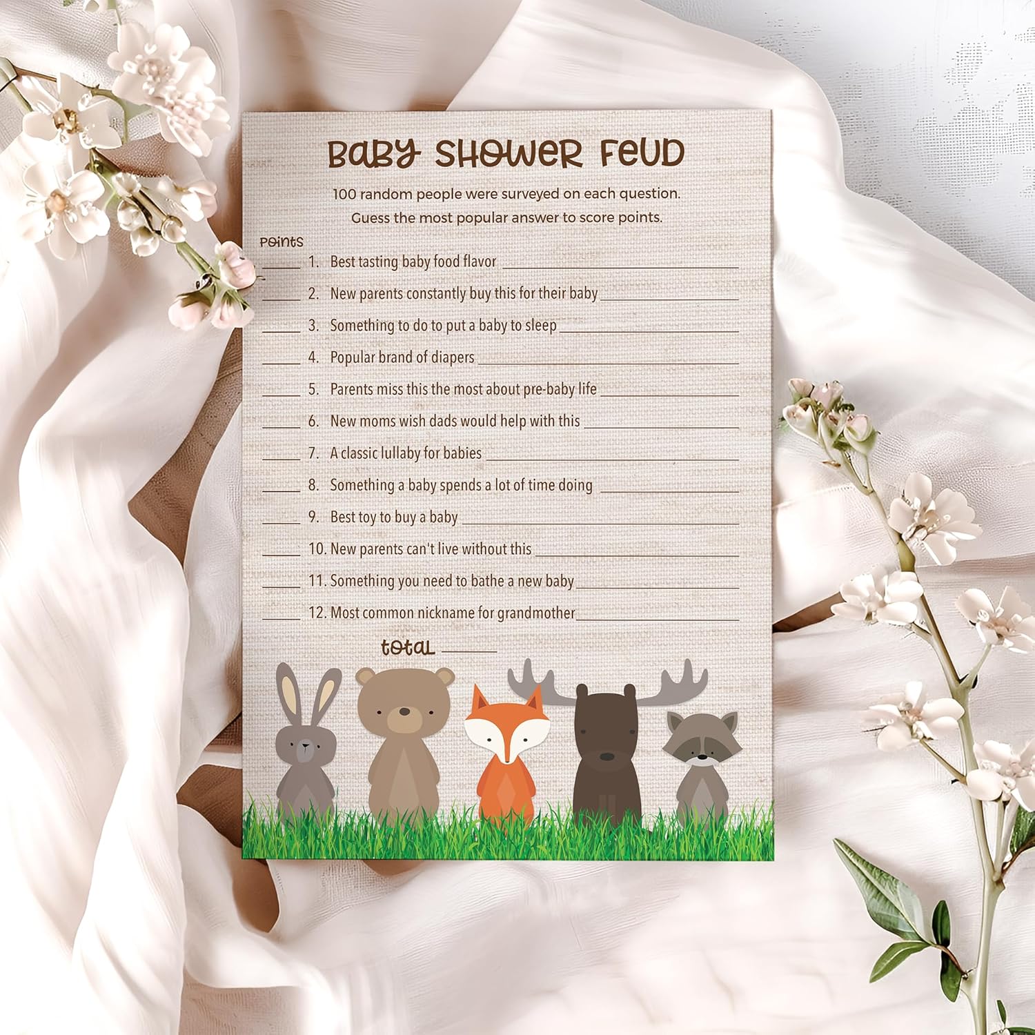 Woodland Animals Baby Shower Feud Game — Pack Of 25 — Country Rustic Gender Neutral Jungle Fun Shower Family Feud Games, Fall Outdoors Shower Activity G601-Bsf