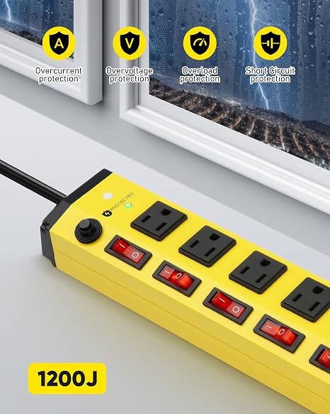 Heavy Duty Metal Surge Protector Power Strip 6 Outlets Individual Switches 6FT Flat Plug 1200J