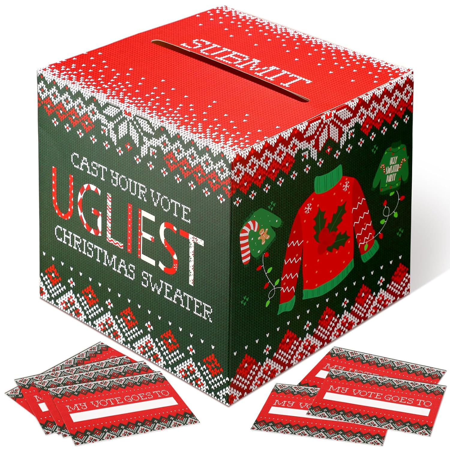 51 Pcs Ugly Sweater Party Voting Cards Sets With 1 Ugly Sweater Contest Ballot Box And 50 Voting Cards For Xmas Decorations Winter New Year Office Holiday Party Supplies
