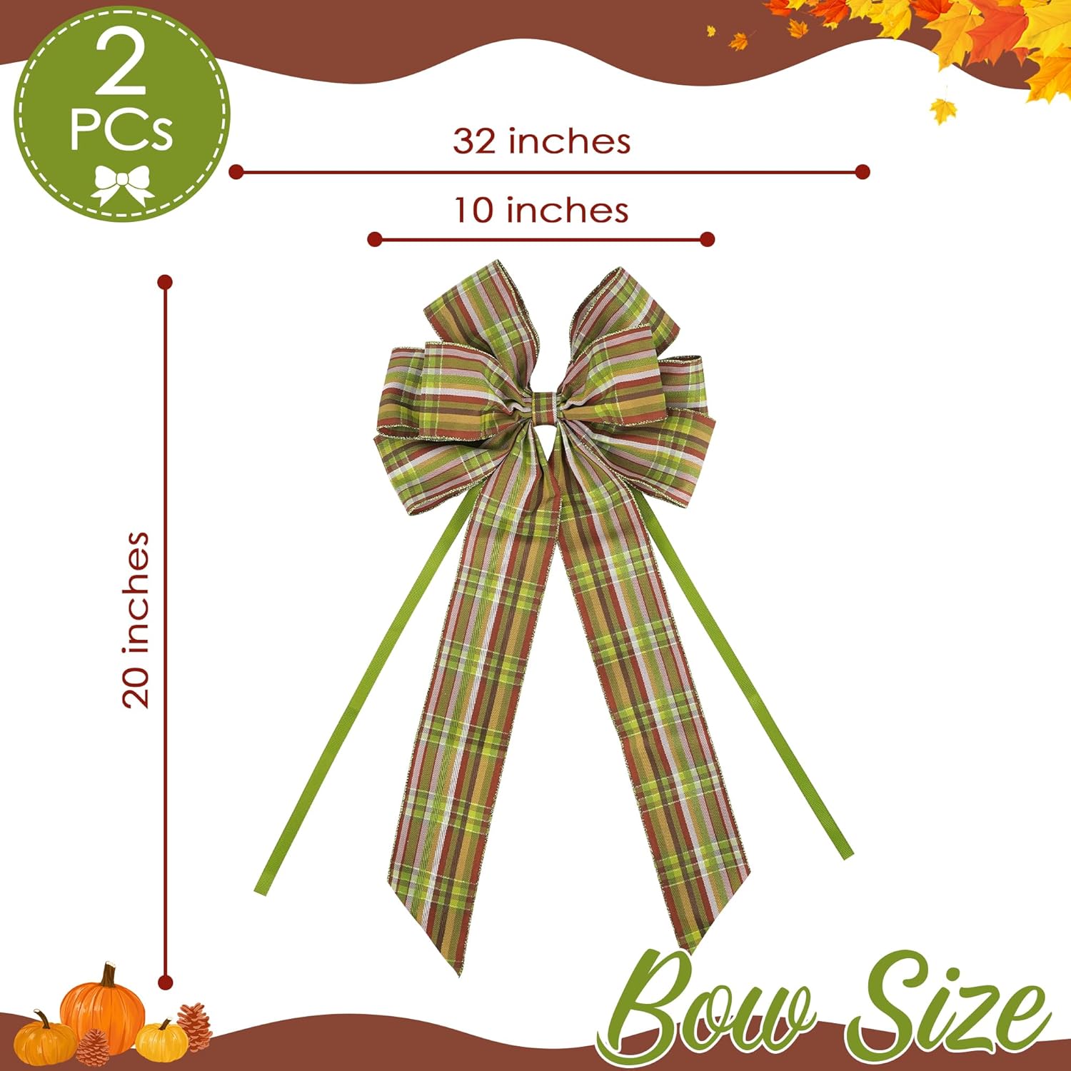 Christmas Tree Bows 10×20'' Fall Plaid Bows For Gift Wrapping Green Wreath Bows With Wire Edge Premade Gift Bows For Craft Present Fireplace Holiday Christmas Autumn Decorations, 2 Pcs