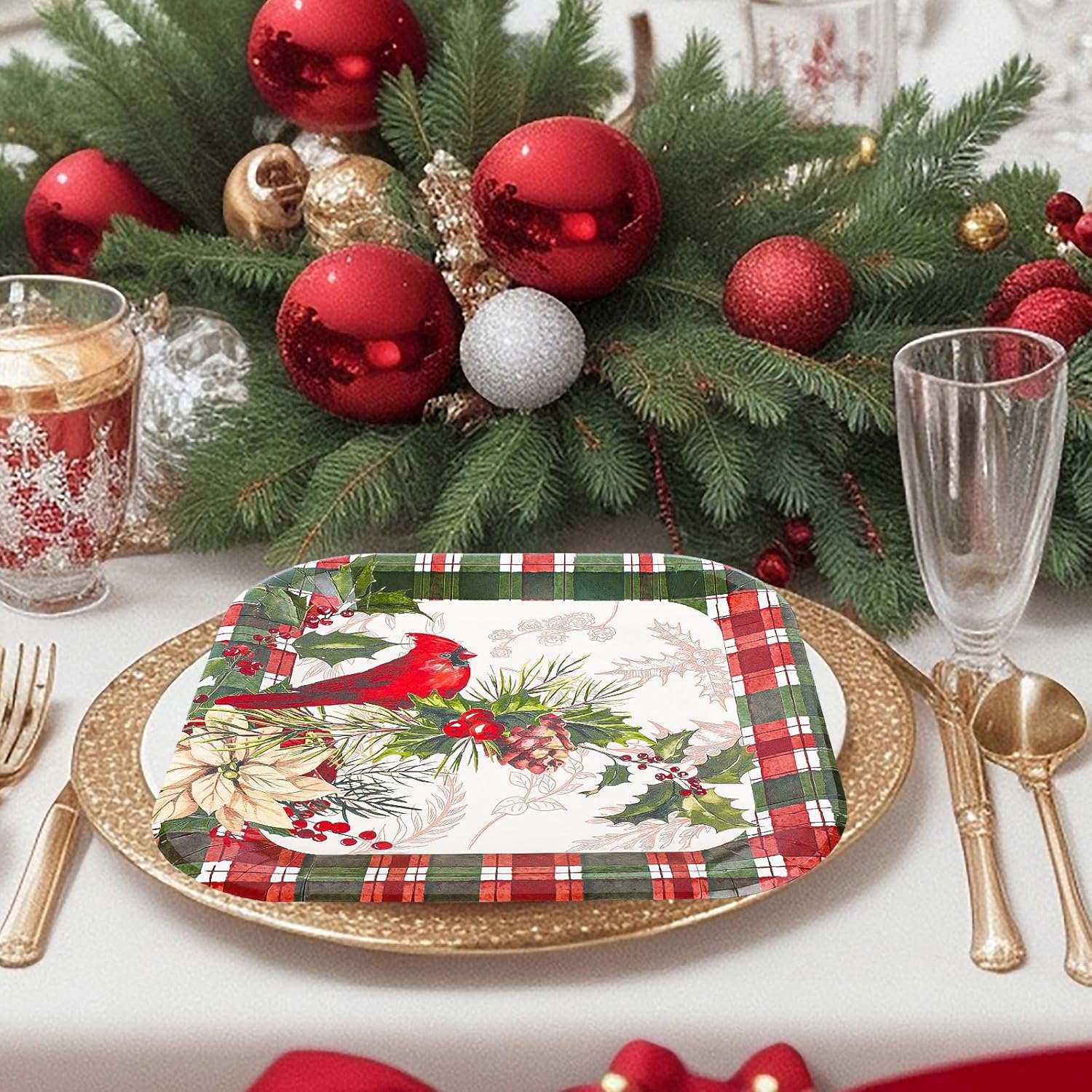 40Pcs 9 Inch Christmas Plates Merry Christmas Disposable Paper Plates Buffalo Plaid Xmas Cardinal Bird Pine Cone Party Plates For Holiday Party Dinner Tableware Supplies Decor