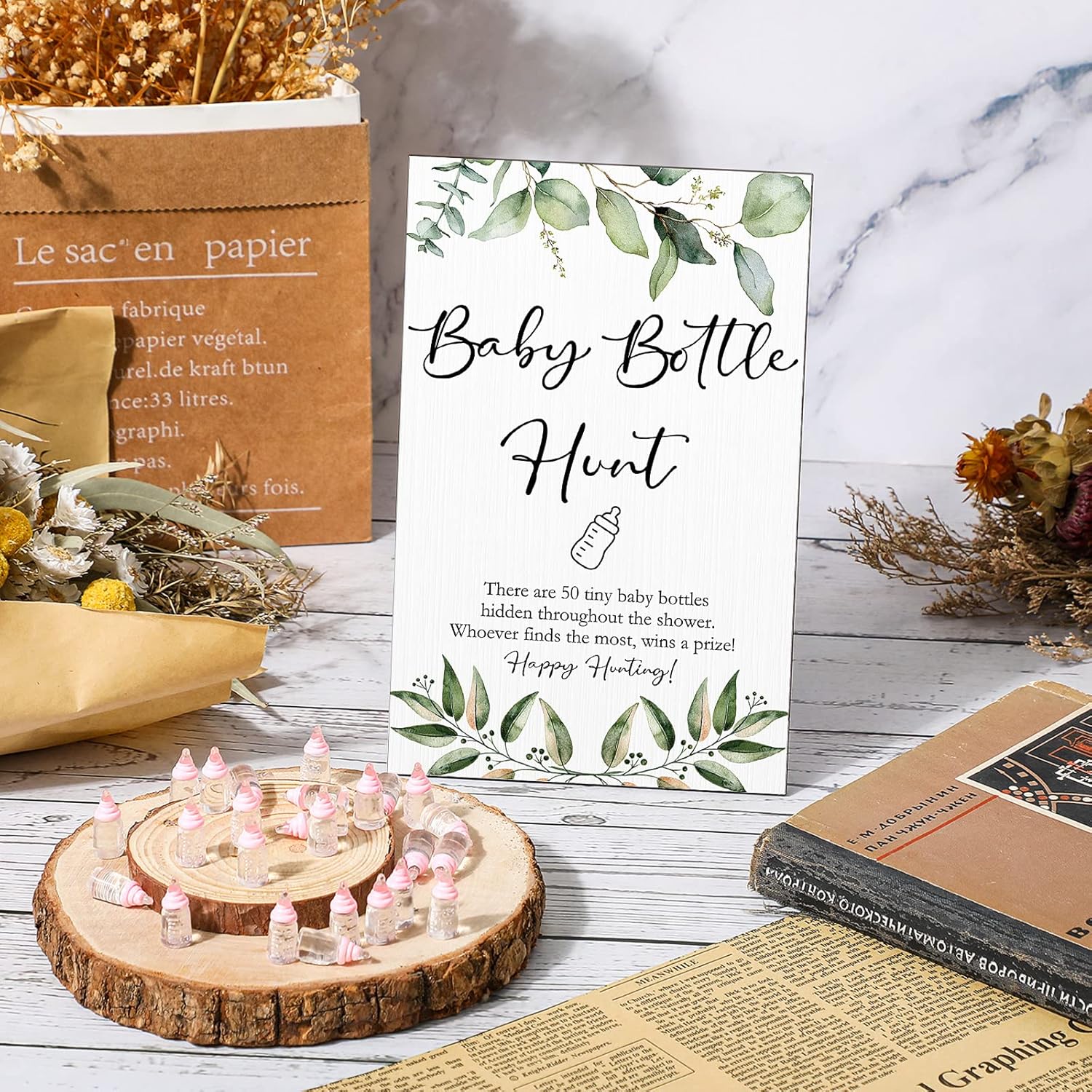51 Pcs Baby Shower Games Include Greenery Bottle Hunt Sign Wooden Gift Sets And 50 Pcs Resin Bottle Shower Favor For Baby Shower Gender Reveal(Pink)