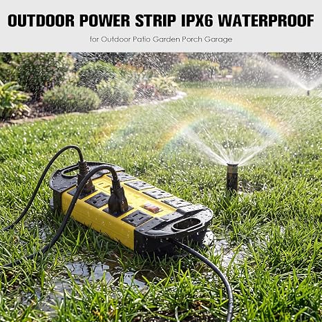 Outdoor Weatherproof Power Strip 8 Outlets 2 USB A 1 USB C IPX6 6FT Yellow