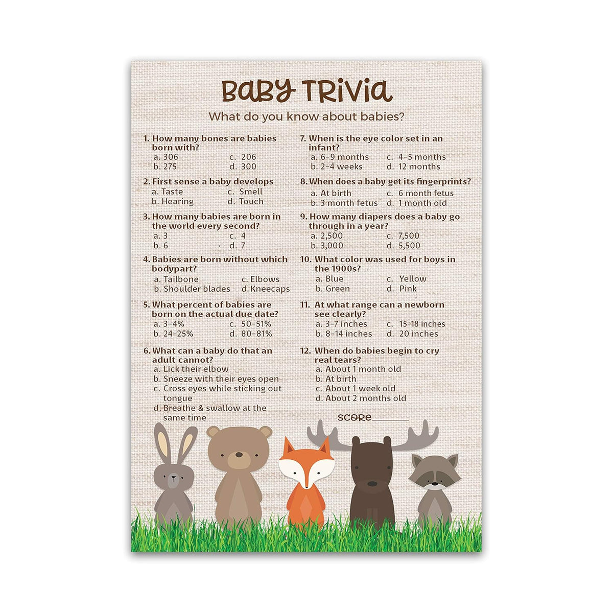 Woodland Animals Baby Shower Games — Baby Trivia Game — Pack Of 25 — Country Rustic Jungle Safari Gender Neutral Activity, Fall Outdoors Couples Shower, Fun Facts G601-Trv