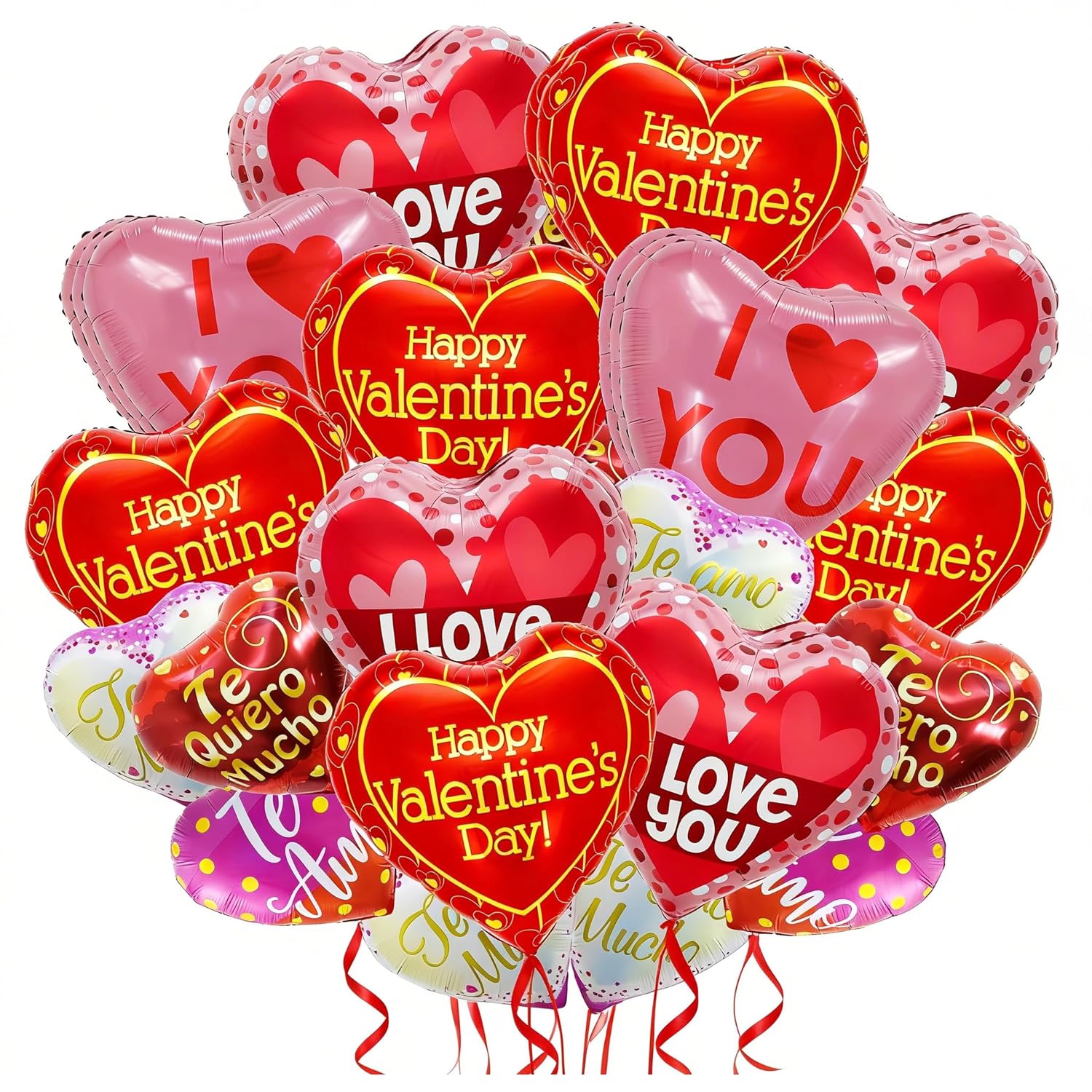 36Pcs Happy Valentine'S Day Balloons - Red Pink Heart I Love You Balloons For Valentines Day Decorations, Mix 18'' 18Pcs English & 10'' 18Pcs Spanish Foil Balloon For Romantic Photo Props, 6 Designs