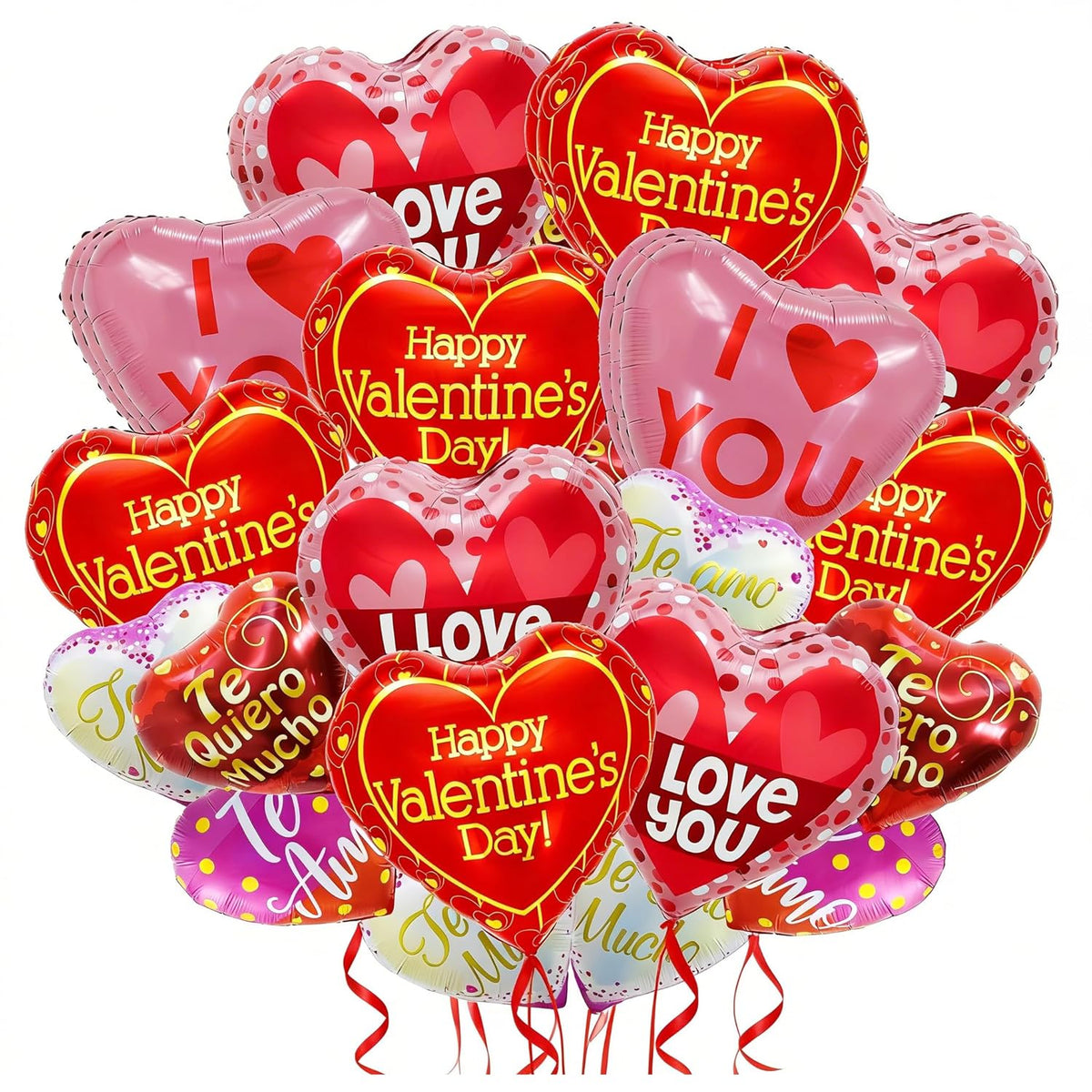 36Pcs Happy Valentine'S Day Balloons - Red Pink Heart I Love You Balloons For Valentines Day Decorations, Mix 18'' 18Pcs English & 10'' 18Pcs Spanish Foil Balloon For Romantic Photo Props, 6 Designs