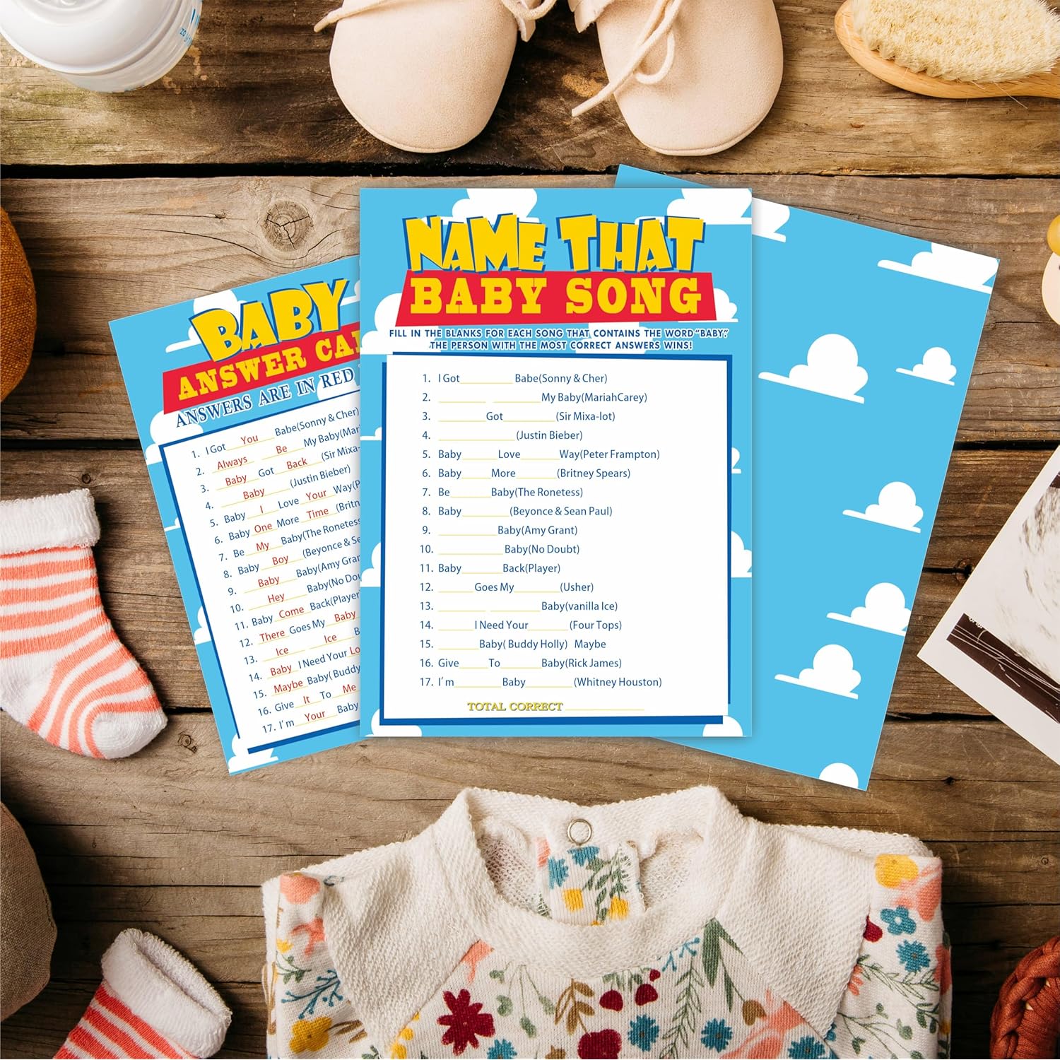 Baby Shower Name That Baby Song Game Cards, Sky & Clouds Theme - 5 X 7 Inches Double-Sided Fill In Game Cards 30 Cards & 1 Answer Card, Party Favor & Supplies-A04